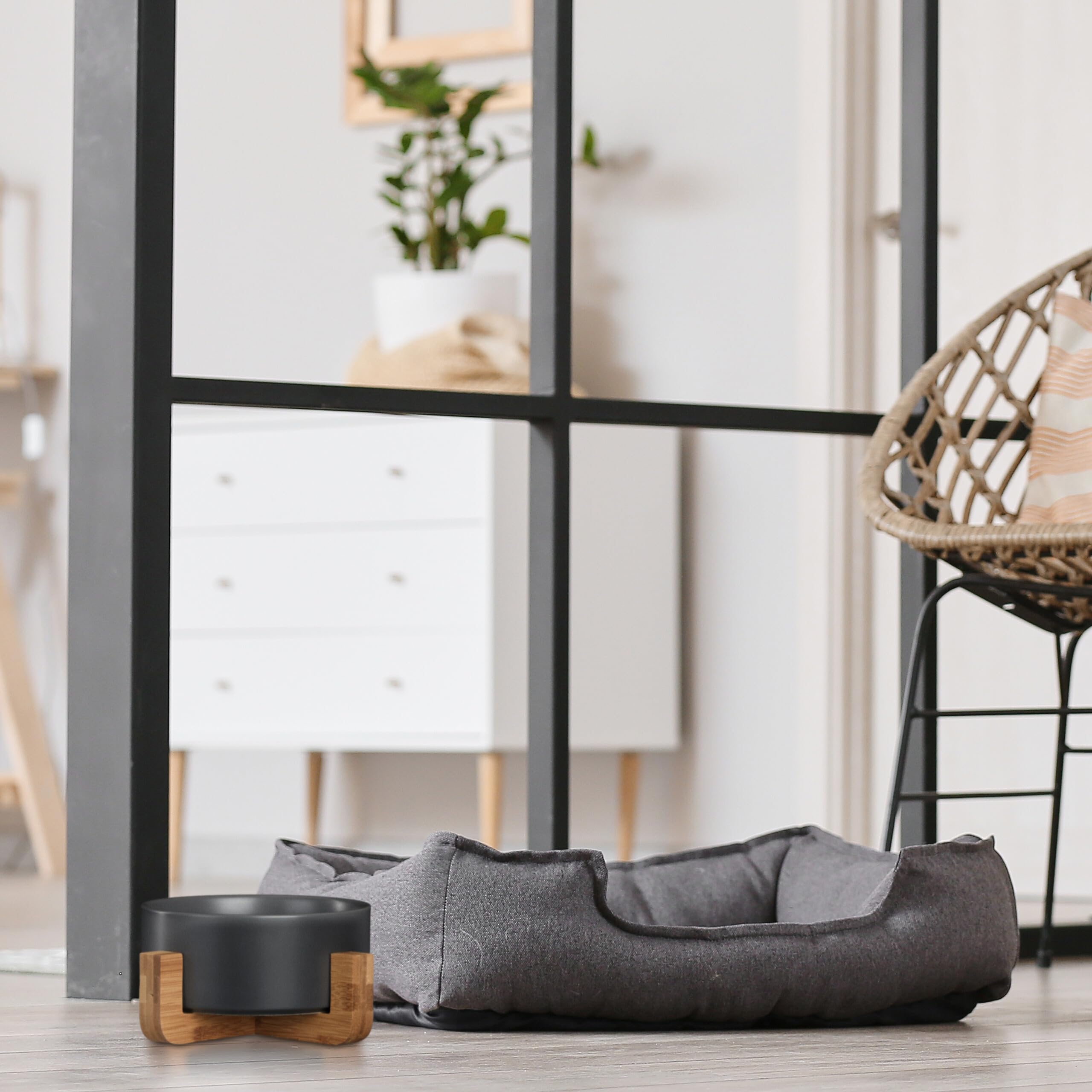 Relaxdays Ceramiczna miska dla psa, 850 ml, na karmę i wodę, miska na karmę z bambusowym stelażem, wys. x szer. x gł.: 9 x 20 x 20 cm, szara
