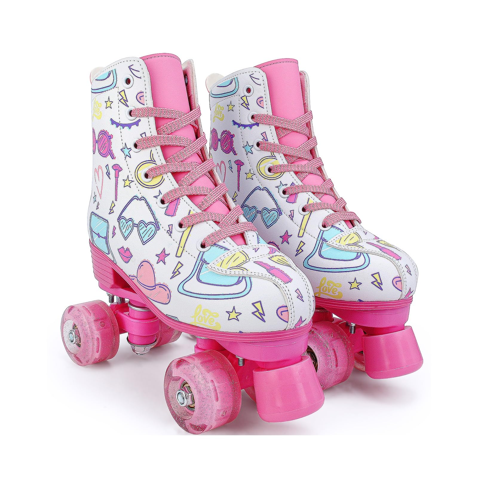jessie Girl Roller Skates for Kid, PU Leather Flash Rainbow Adjustable Roller Skates Girls Ages 5-12 Four-Wheel Beginner Adult Indoor Outdoor (Pink,36)