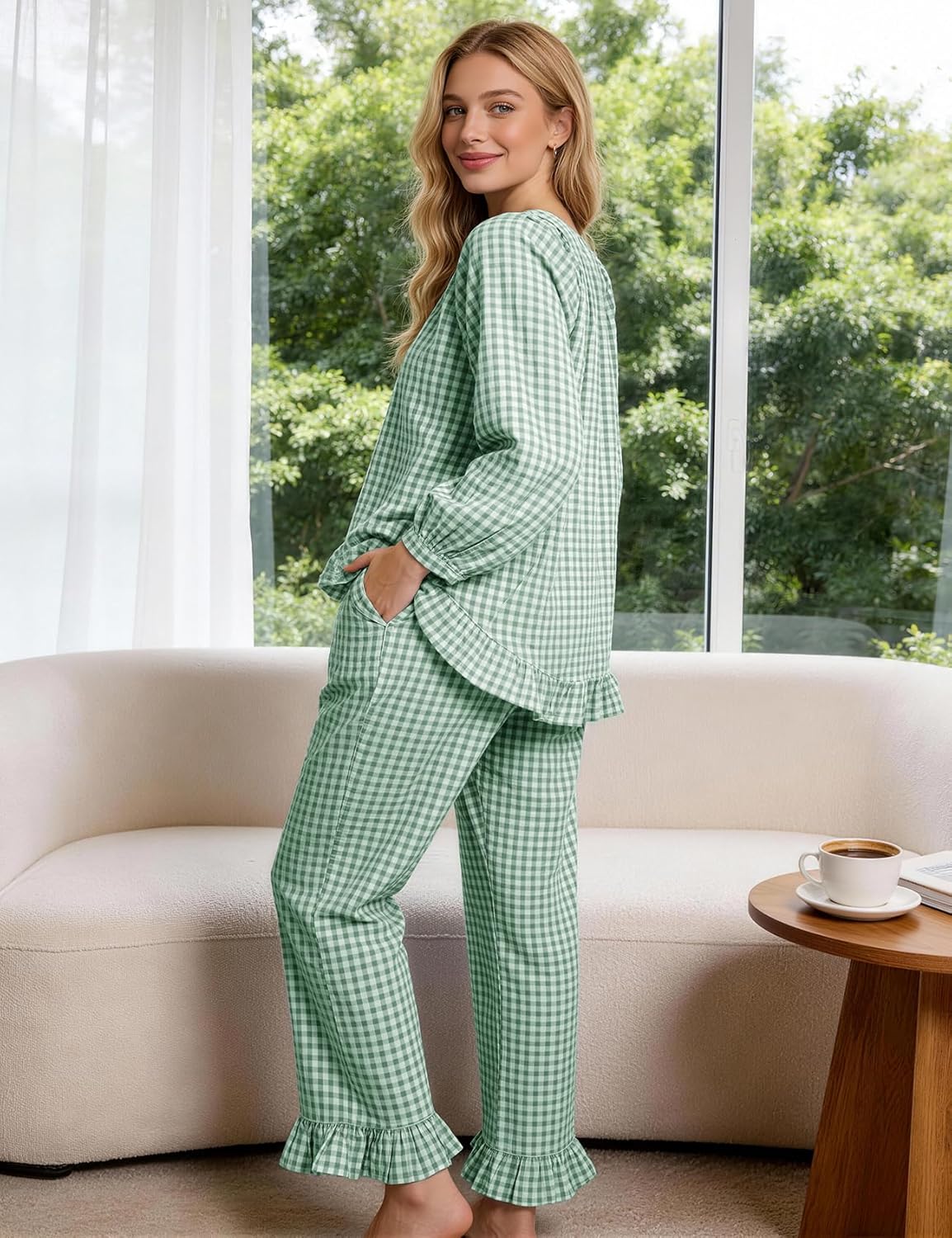 Flygo Womens Plaid Pajamas Sets 2 Piece Cotton Pj Set Puff Sleeve Ruffle Babydoll Shirt Gingham Pants Lounge Sets - Image 4
