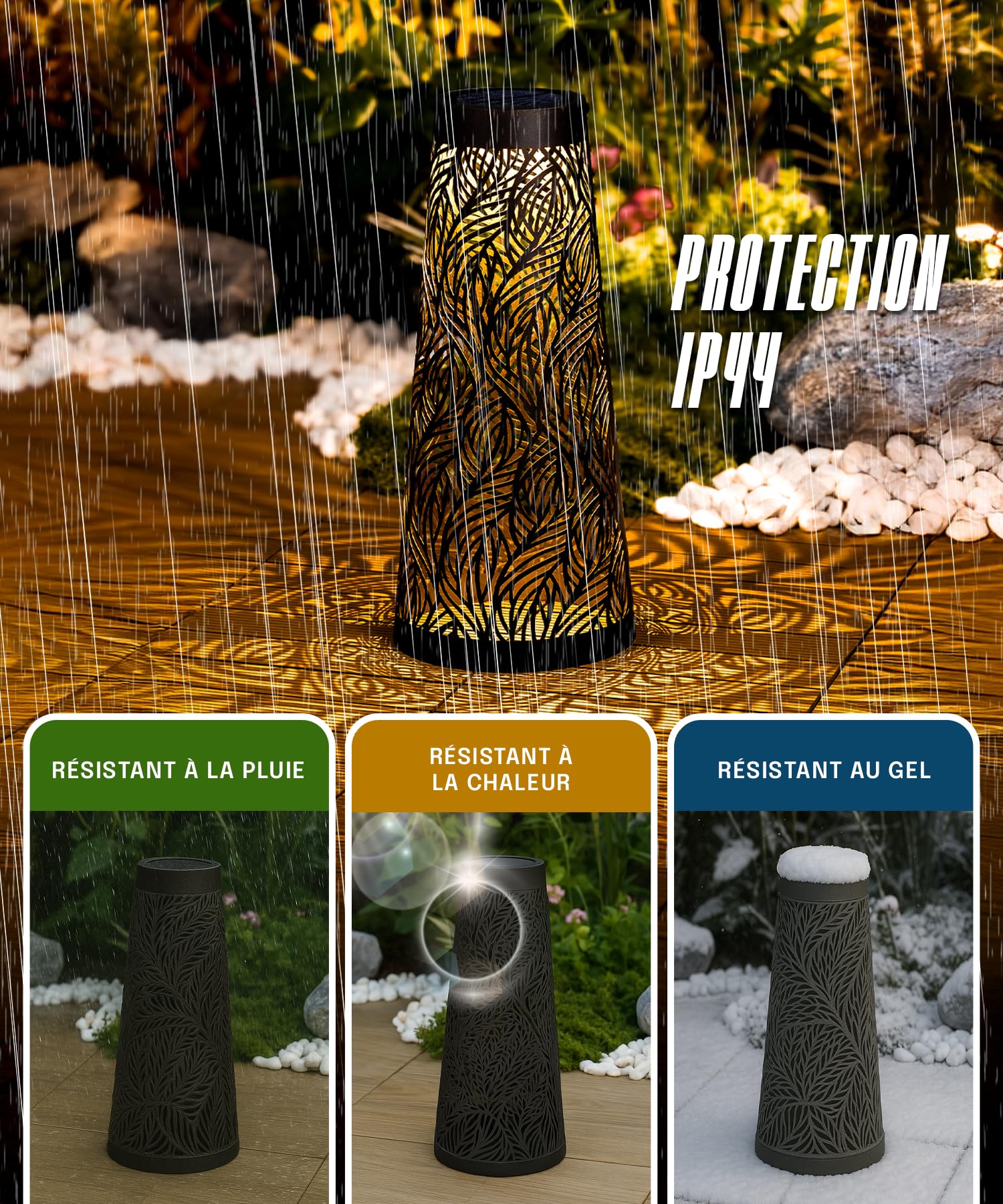 Borne Solaire LED Extérieur 150 Lumens - Éclairage Jardin Allée Terrasse - 5 Designs - Motif Lumineux Projeté - Recharge Solaire et USB - Autonome Sans Câblage (Conique (65 CM))