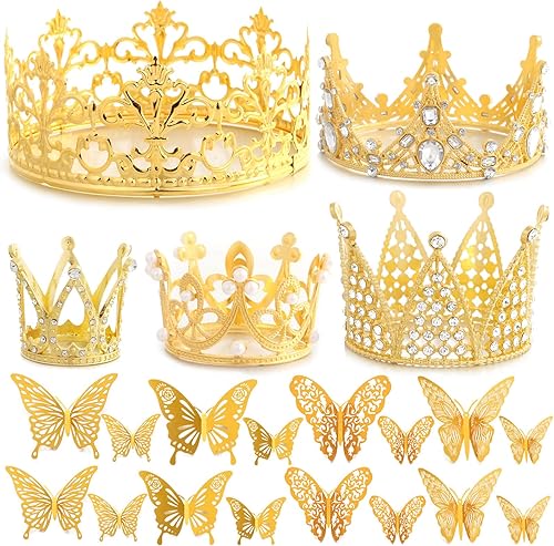 Billbotk 53 accesorios de ramo de flores, 5 coronas doradas y 48 decoraciones de mariposa dorada para ramos de flores, decoración de pastel para