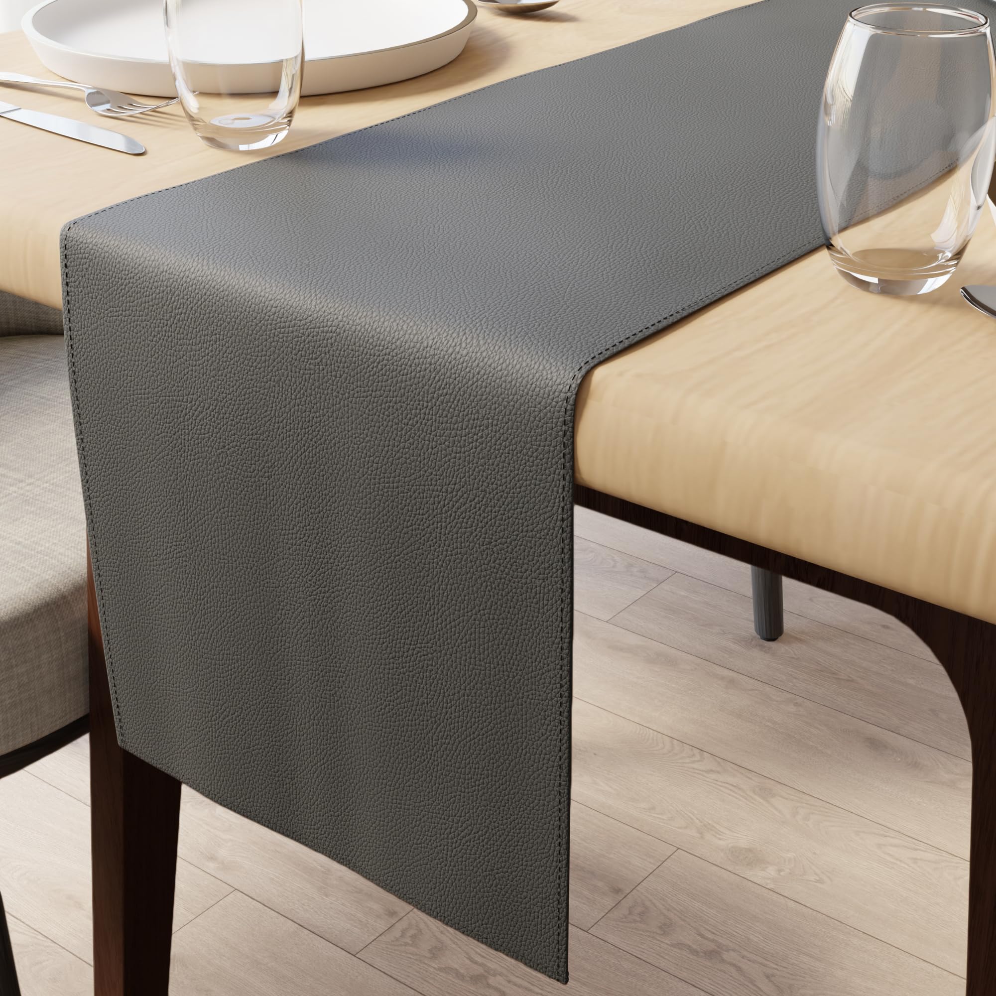 Encasa XO Faux Leather Table Runner | Size 30x240 cm with 0.7mm Thick | Waterproof & Nonslip Tricot Backing | Dark Grey Color For Dining & Kitchen Table Decor