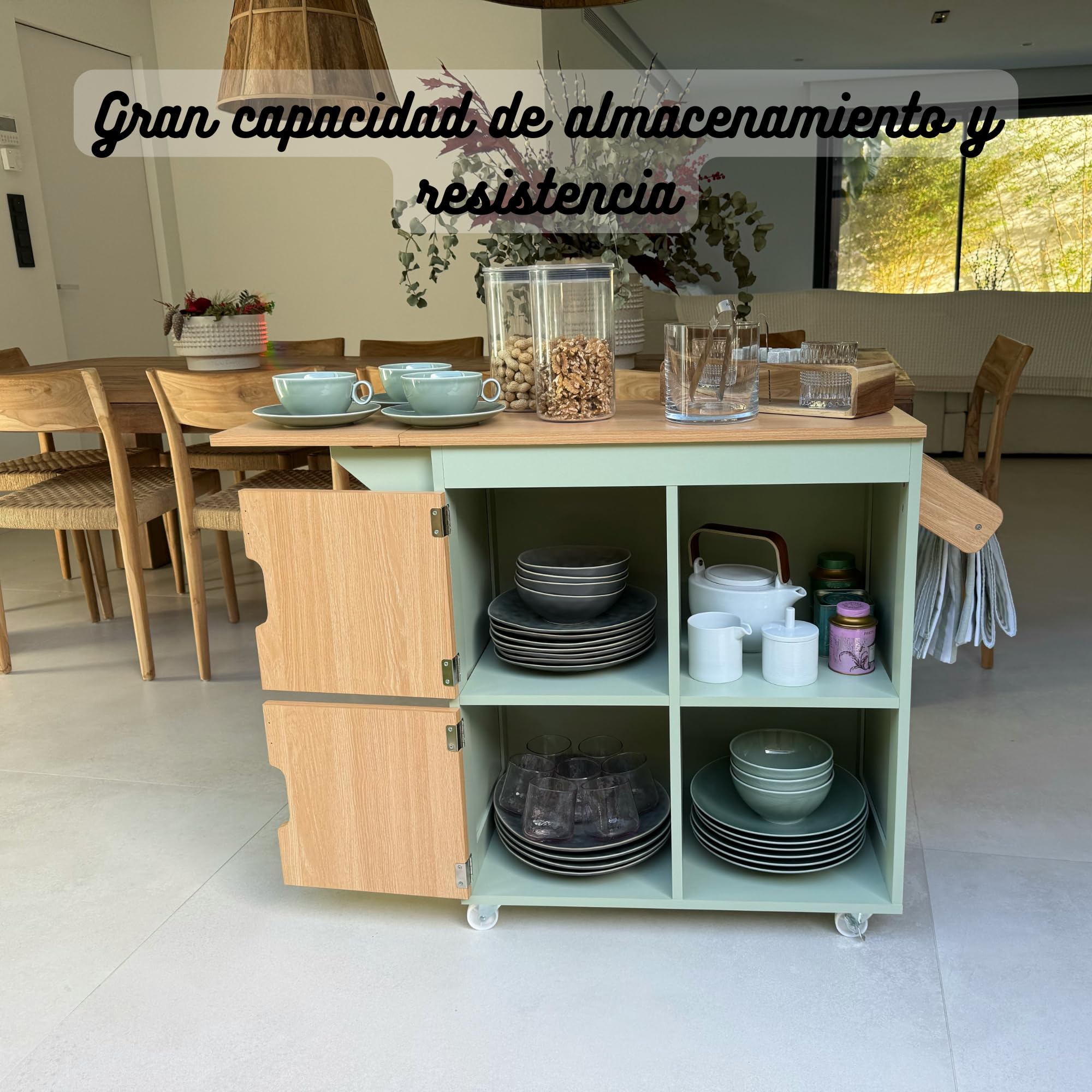 Isla de Cocina con Ruedas, Carrito de Cocina de Madera Verde, Mueble Desayunador Pequeño Auxiliar con Encimera Extensible, Armario Móvil para Cafetera y Microondas