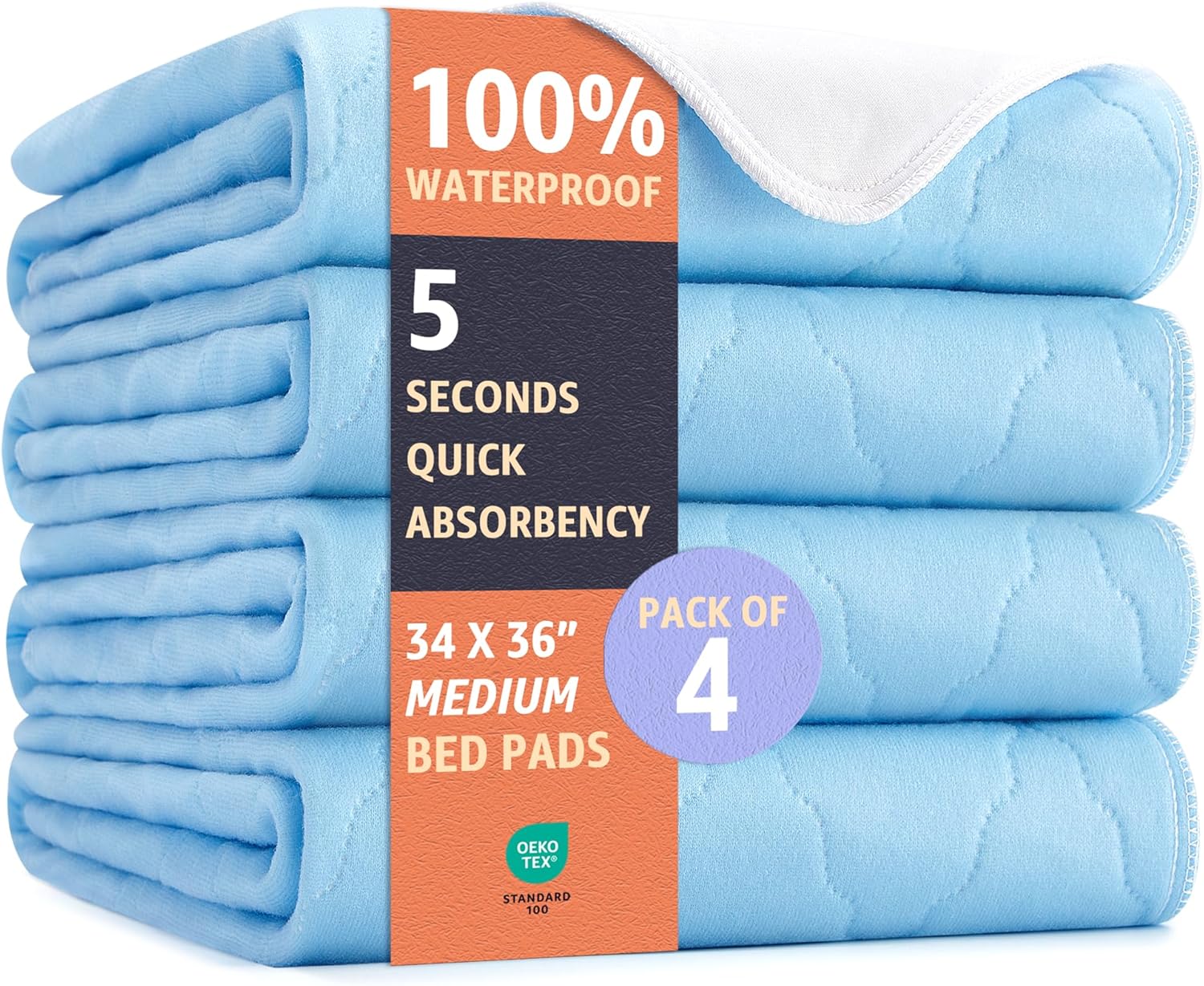 Ultimate Washable Underpads - Heavy Absorbency, Waterproof Reusable Incontinence Pads for Adults, Kids, Elderly & Pets - Bedwetting Pads for Bed, Couch, Sofa, Floor (Blue, 34 x 36 Inches, Pack of 4)