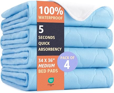 Waterproof Reusable Incontinence Bed Pads, Heavy Absorbency 34 X 36, Blue | Reusable Quilted Waterproof Bed Pads, Ideal for Incontinence, Bedwetting & Pet Training, Soft & Gentle On Sensitive Skin