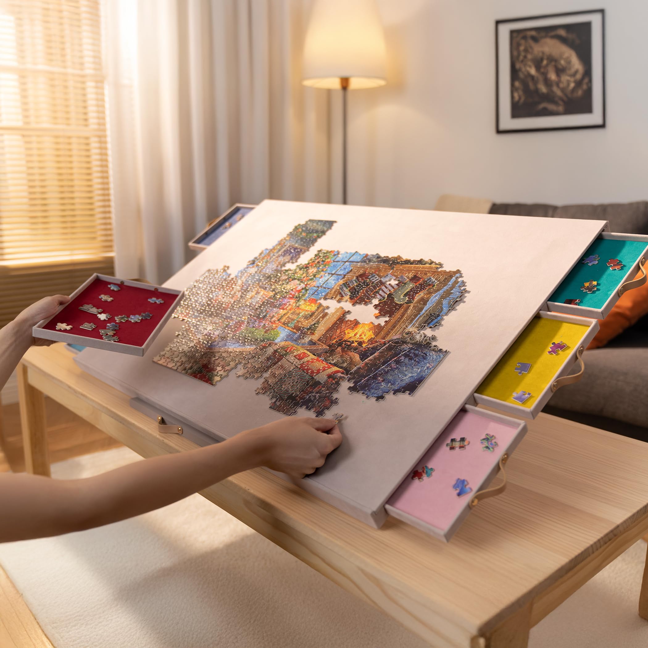 Lavievert Planche de puzzle entièrement inclinable recouverte de flanelle avec 6 tiroirs et couvercle, plateau réglable avec support/support pour adultes, table de puzzle portable avec dessus de table