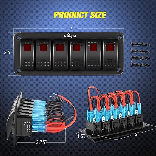 Miniatura 2 de Nilight Panel de Interruptores Basculantes de 6 Posiciones, 5 Pines, EncendidoApagado, Soporte de Aluminio con Palanca, 12V 24V, Tablero con