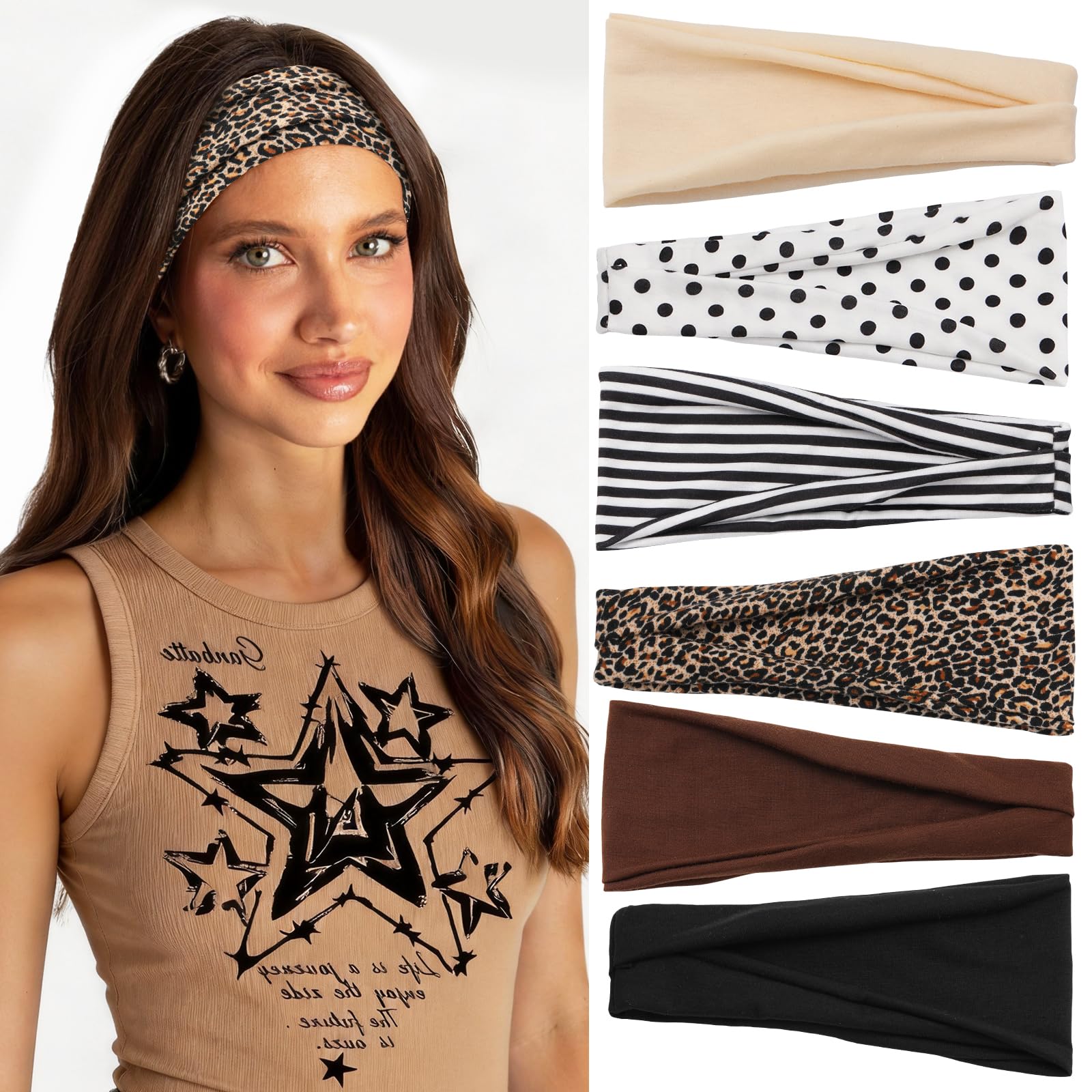 6 Pack Headband for Women, Leopard Print Non Slip Elastic PolkaDot Headband
