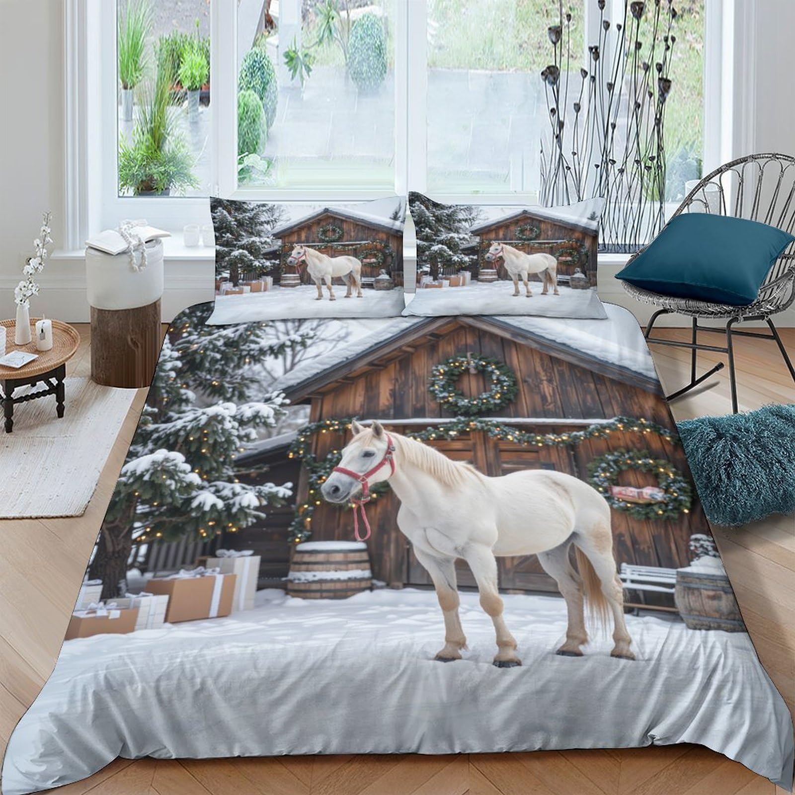 Ctjqhvkz Style-7 3D Printed Winter Barn Fitted Sheet Microfiber Soft Breathable White Horse Bed Cover For Bedroom Dorm Decor Single（135X200cm）