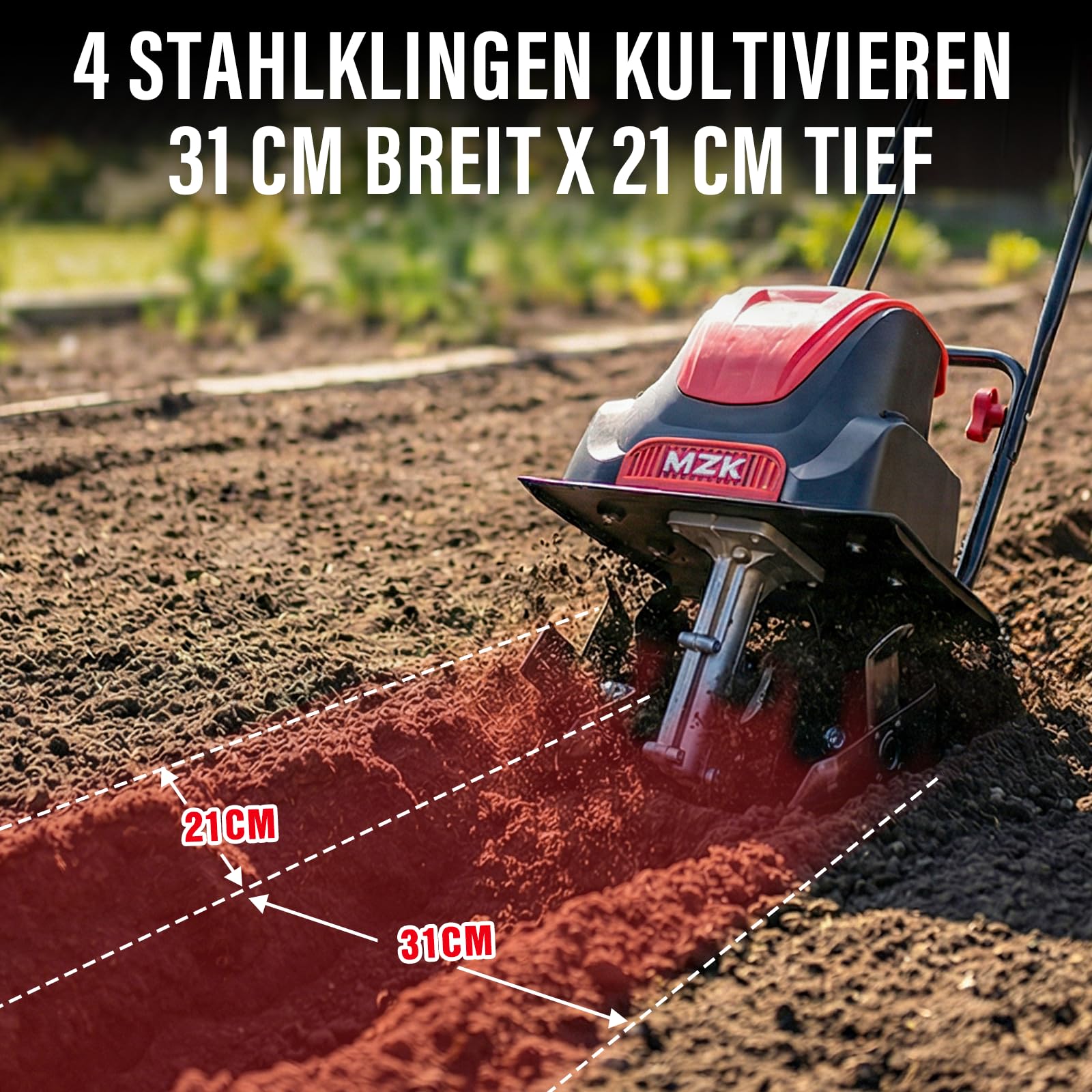 MZK 31 cm Breite 1200 W Elektrische Gartenfräse/Bodenhacke, 21 cm Arbeitstiefe, leistungsstarker und Leichter Kultivator, Elektro-Bodenfräse für Rasen/Gartenböden