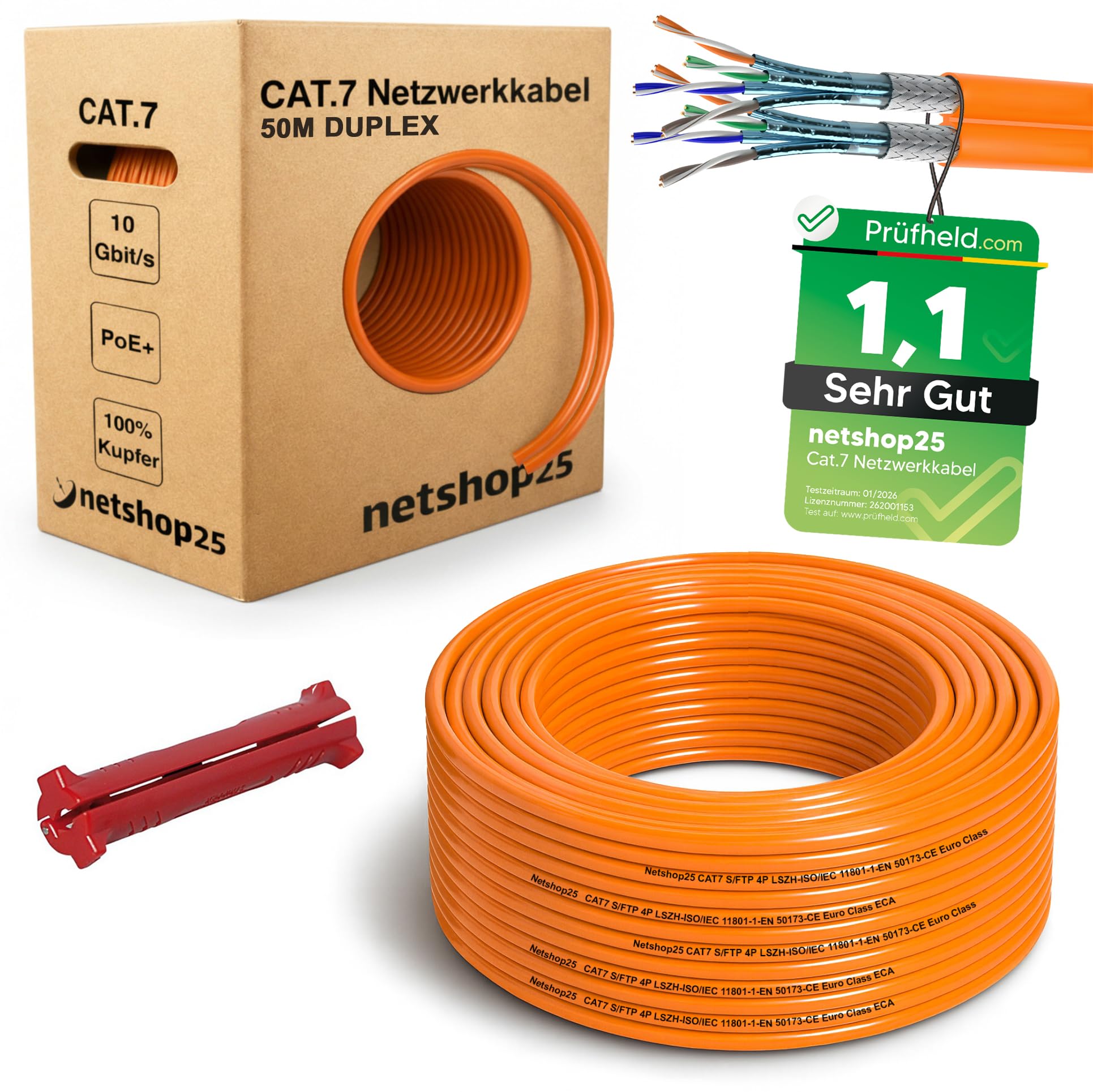 CAT.7 Netzwerkkabel 50m Duplex Verlegekabel REINES KUPFER - LAN Kabel S/FTP PiMF LSZH Halogenfrei RoHS Ethernet Cable Datenkabel Installationskabel PoE 10Gbit/s RoHS konform (Orange) + ABISOLIERER