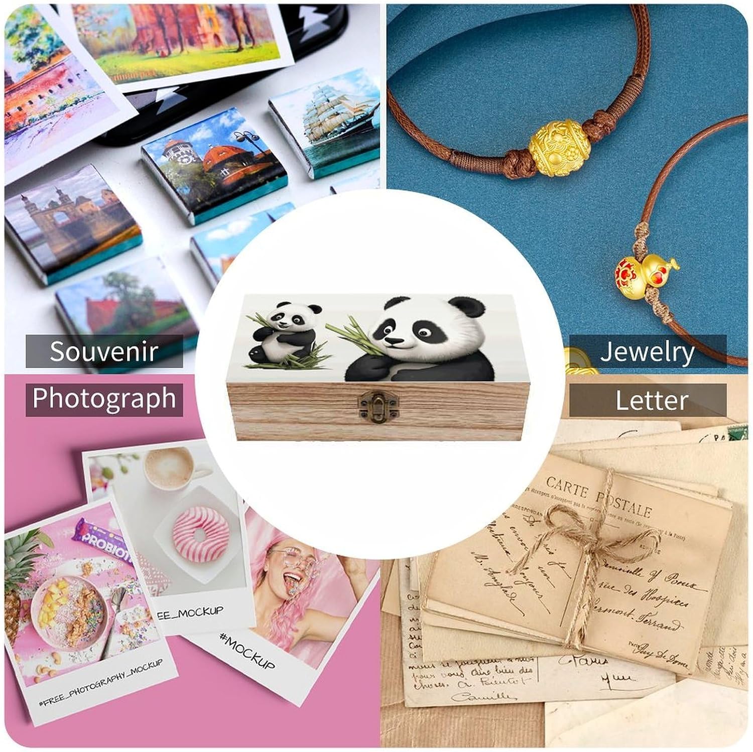 Cute Panda Memory Jewelry Wooden Box, Large Wooden Treasure Chest Boxes with Hinged Lid, Photos Storage Case for Women Men, Wooden Keepsake Box, 7.9'' X 3.9'' X2.3''