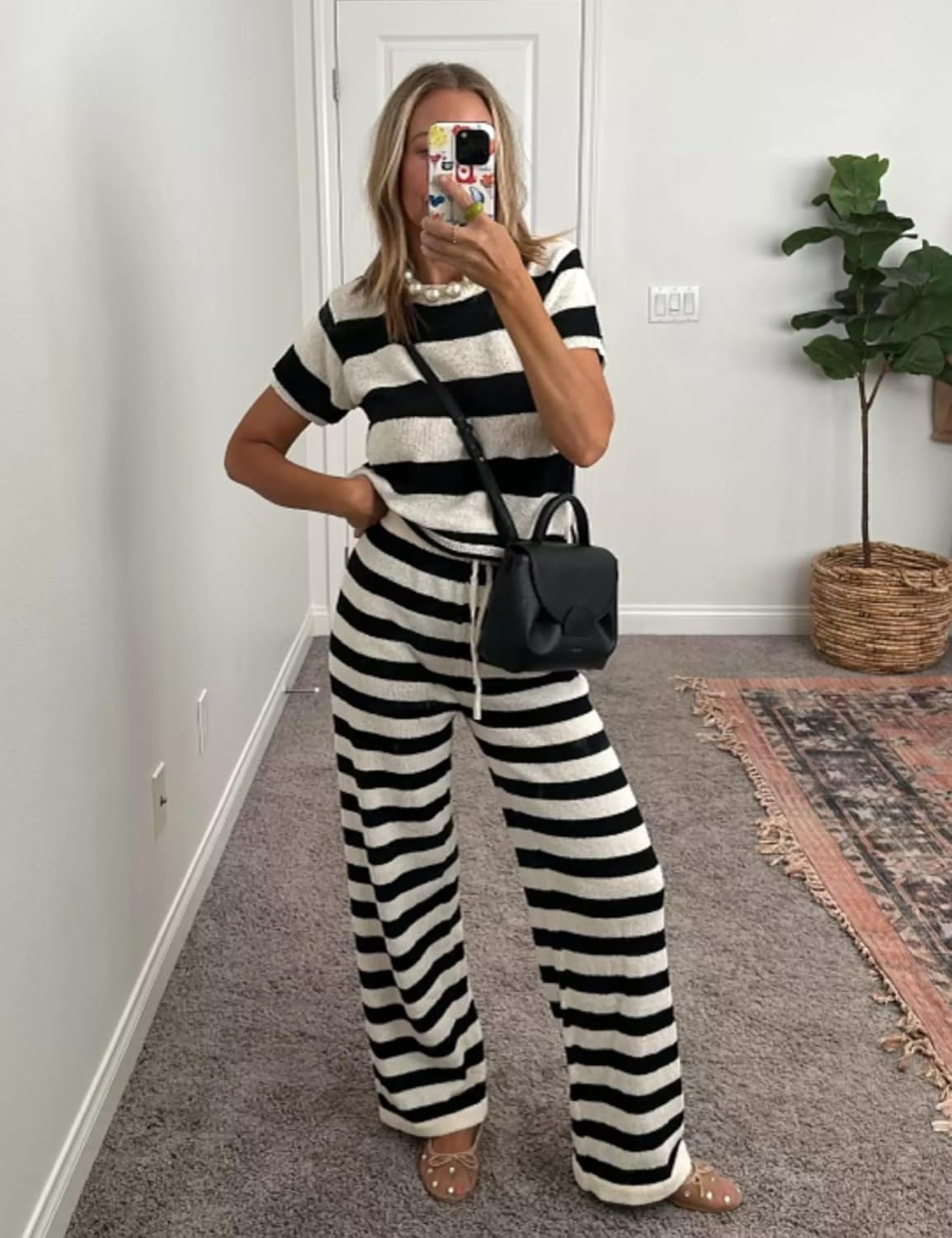 Womens Two Piece Striped Set Short Sleeve Crop Top and Wide Leg Pants Knit Matching Sets - Image 6