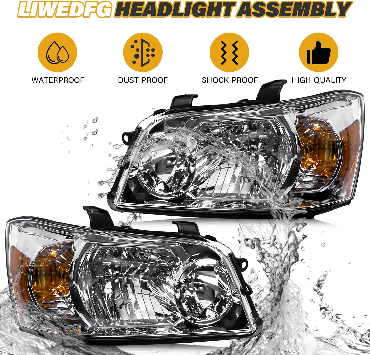 Headlight Assembly Compatible with Toyota Highlander 2004 2005 2006 2007 Halogen Type, OE-Style Headlamp Replacement Without Bulbs for 81130-48280 81170-48280, Chrome Housing Amber Reflector