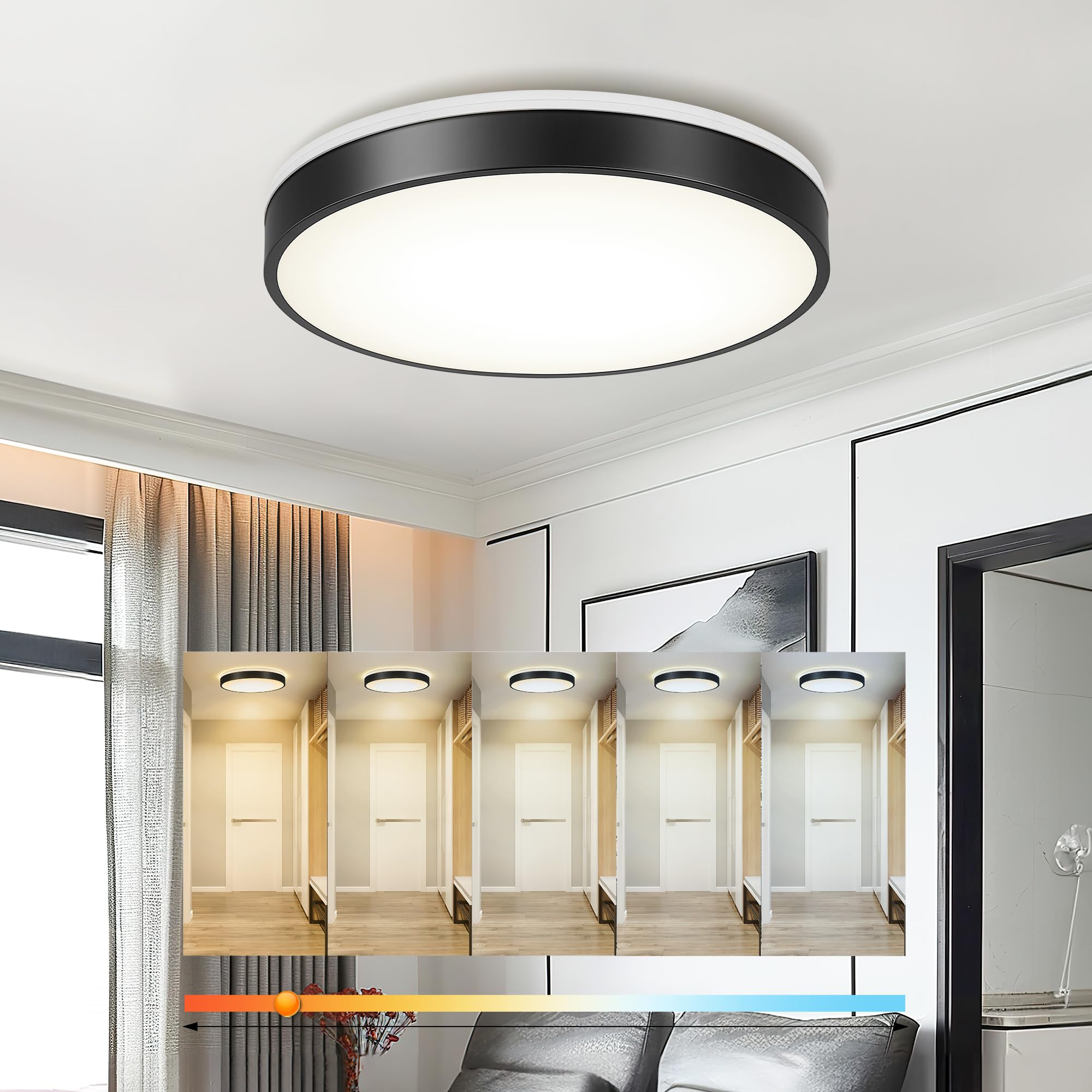 ken & ricky flush mount ceiling light, dimmable led close to ceiling light fixtures for kitchen bathroom bedroom hallway 5cct (black, 16 inch)