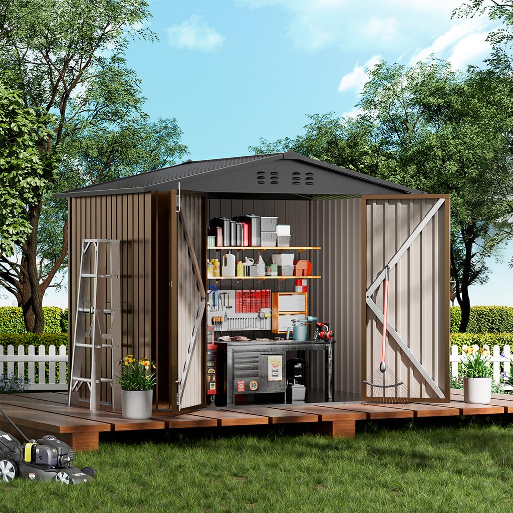 Photo 1 of ** two boxes **COMHOMA Shed Outdoor Storage Shed Metal,Lockable Doors Tool Sheds with Sloping Roof,Steel Garden Shed with Air Vent for Backyard,Patio,Lawn,Poolside(Brown,8'x6')