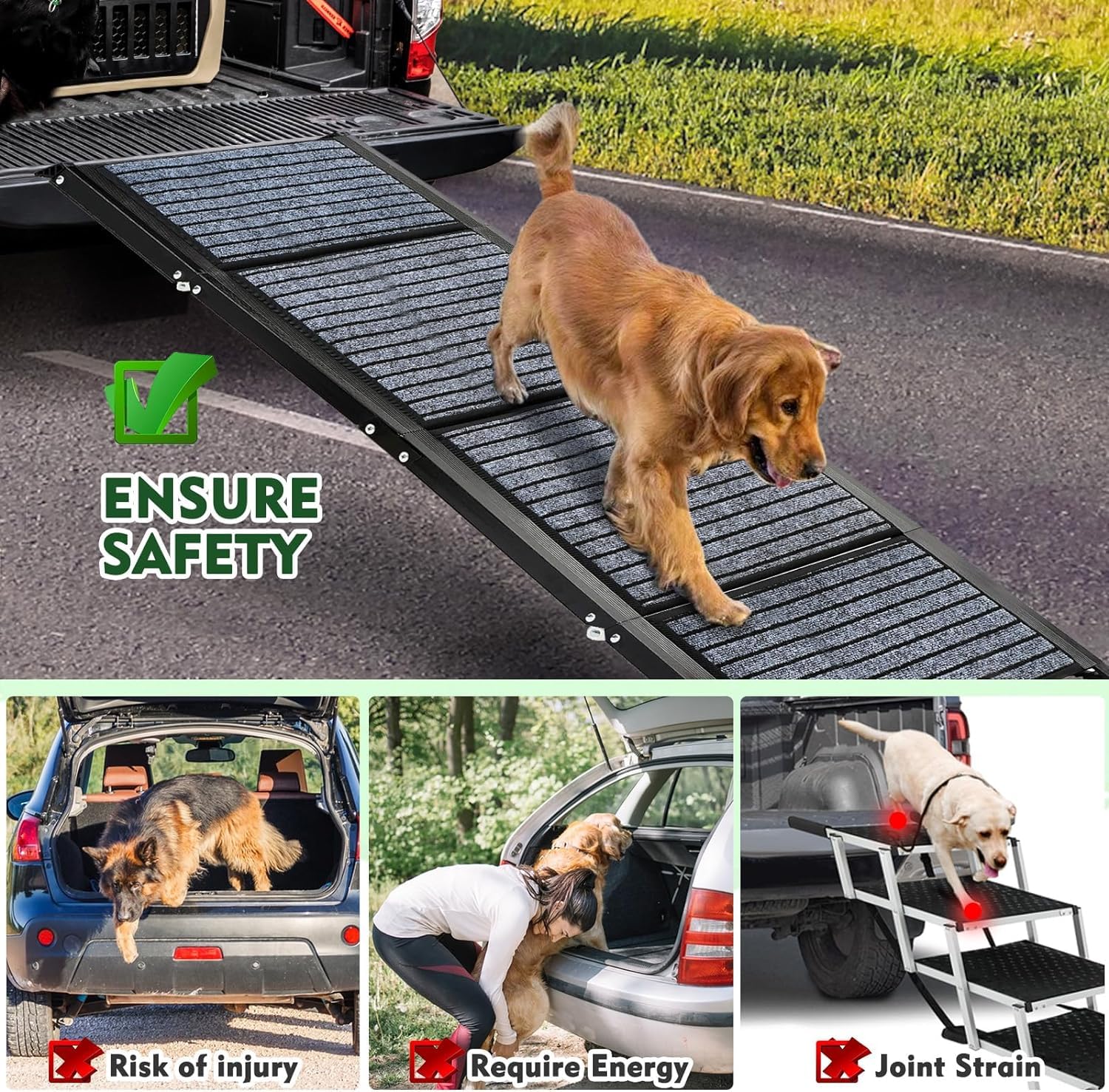 Snagle Paw Rampe de voiture pour chien la plus longue de 180 cm, escalier portable pour grands chiens avec surface de tapis antidérapante, escaliers pliables pour animaux domestiques jusqu'à 140 kg