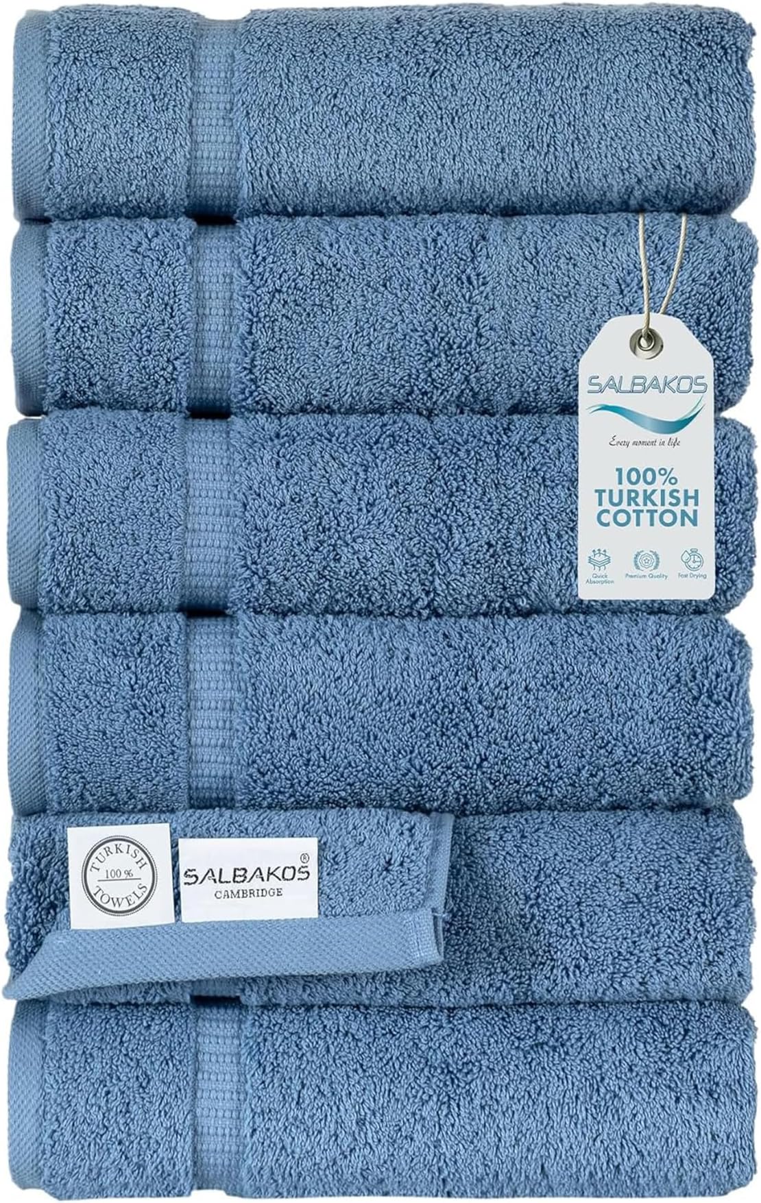 SALBAKOS 100% Turkish Cotton Hand Towels Set 6-Piece Blue 16x30 in | Luxury Premium Quality Thick Super Absorbent Turkish Hand Towel for Bathroom & Kitchen | Made in Turkey (Blue, 6 Hand Towels)
