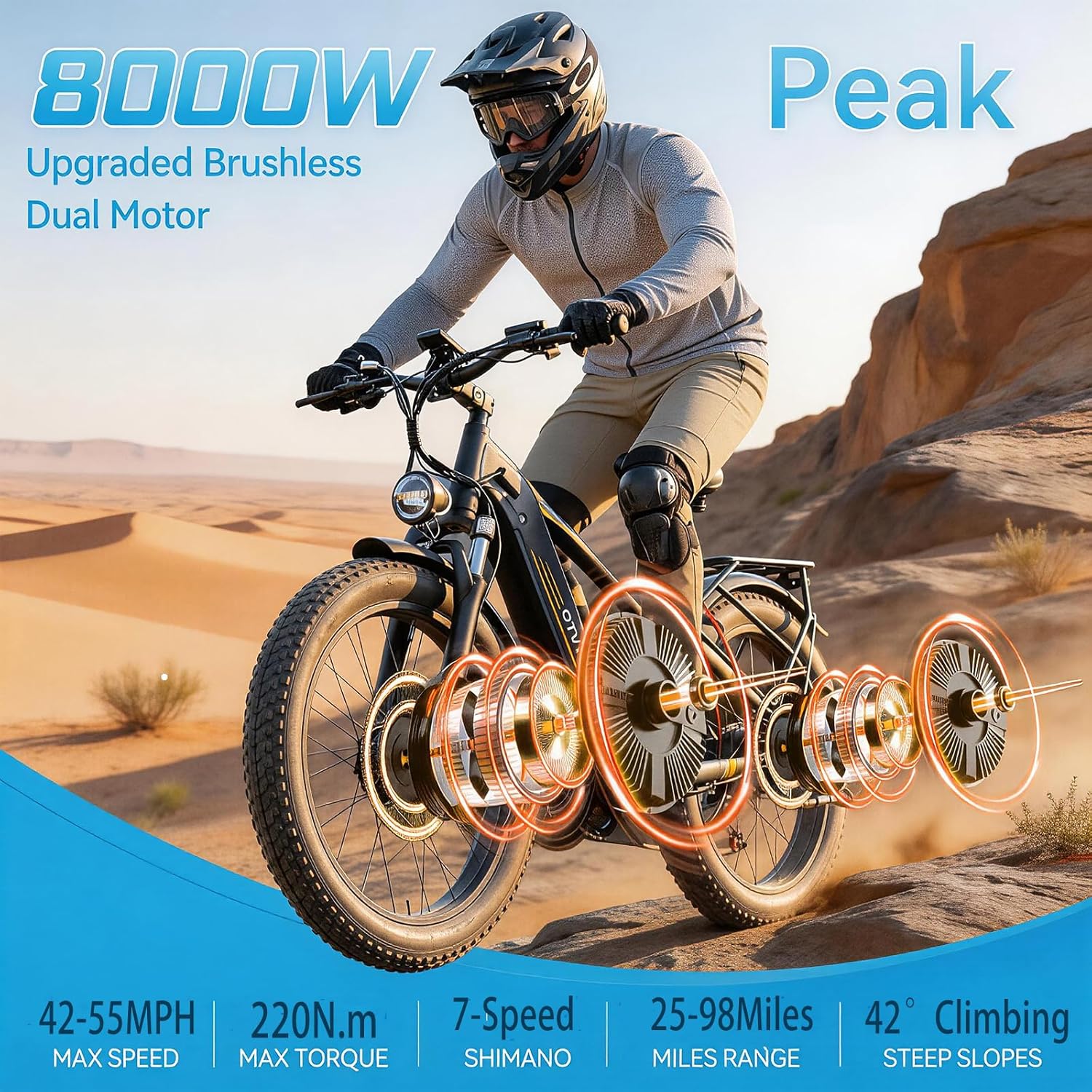 8000W Peak Dual Motor Ebike for Adults, 52V 26Ah Fast Electric Bike for Men, 55MPH, 7-Speed 26" Mountain Ebike, Up to 98 Miles, E-Bike for Snow Off-Road Commuting Electric Bicycle
