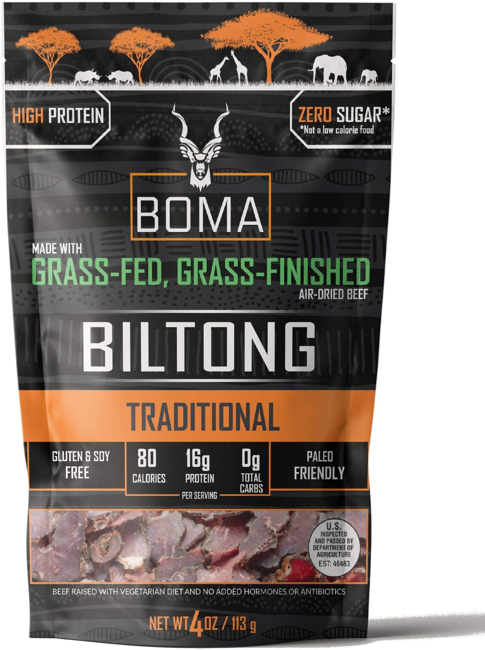 Boma Biltong - Air-Dried Grass Fed, GRASS FINISHED Beef Jerky Snack | Keto, Paleo, Gluten Fee, Whole30 | South African Beef Jerky Biltong (4 Ounce)