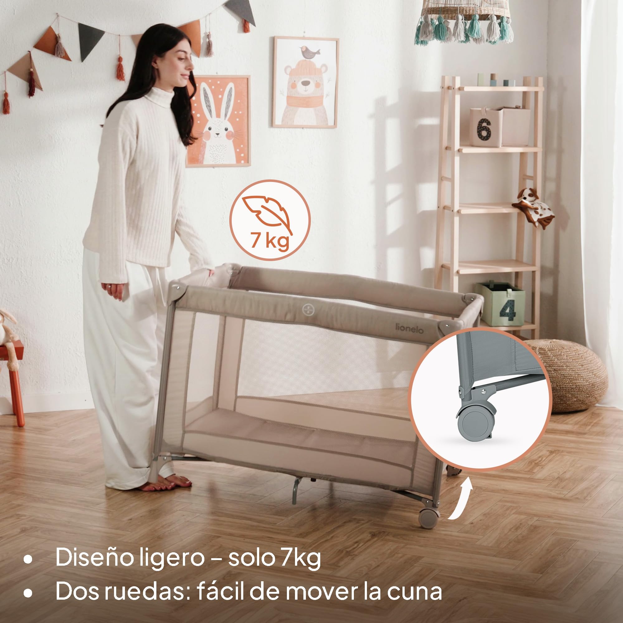 Lionelo Cuna de viaje para bebé Amelie desde el nacimiento hasta los 15 kg, Pequeña, Plegable, Colchón blando plegable, 100,5x70,5 cm, 2 ruedas, Entrada lateral, Bolsa de transporte