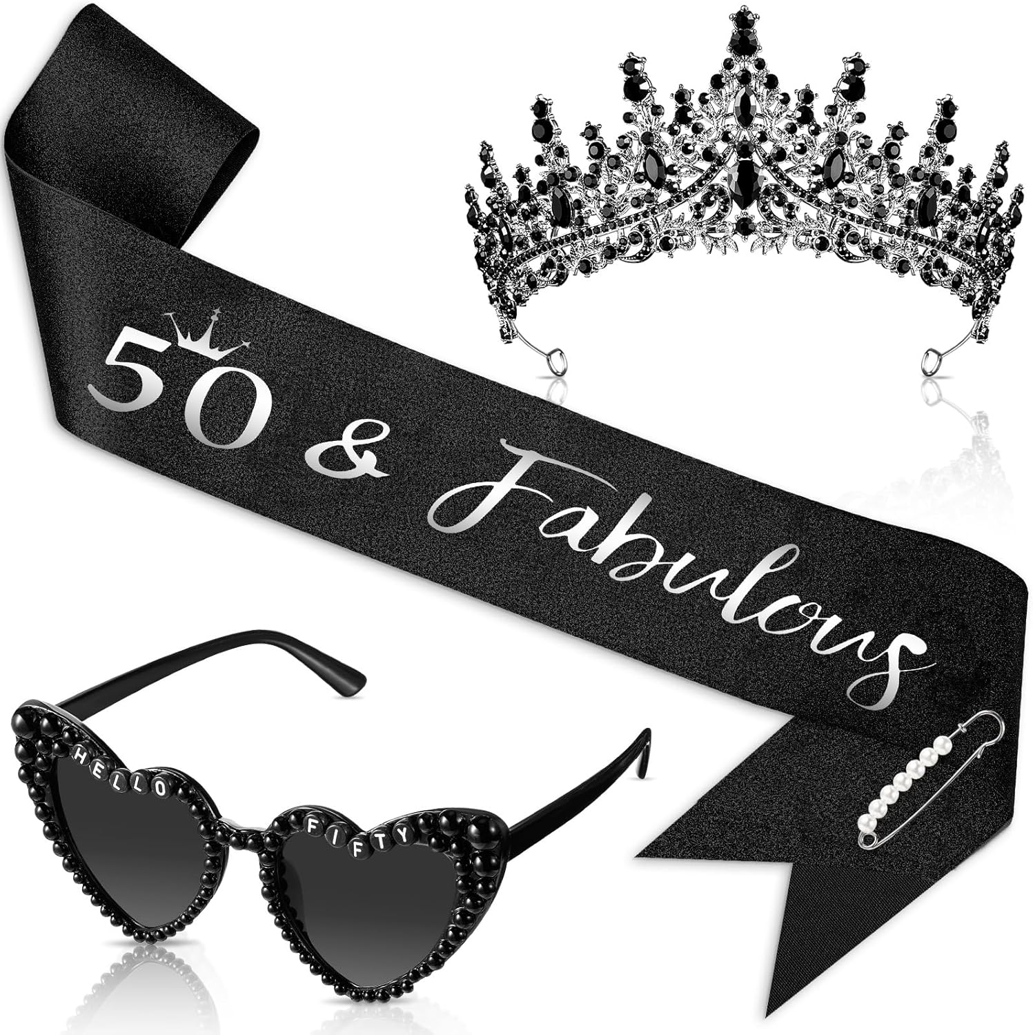 Liliaafar 3 Pcs 50th Birthday Decorations for Women, 50th Birthday Sash and Crown Tiara 50 & Fabulous Hello Fifty Sunglasses(Black Gold)