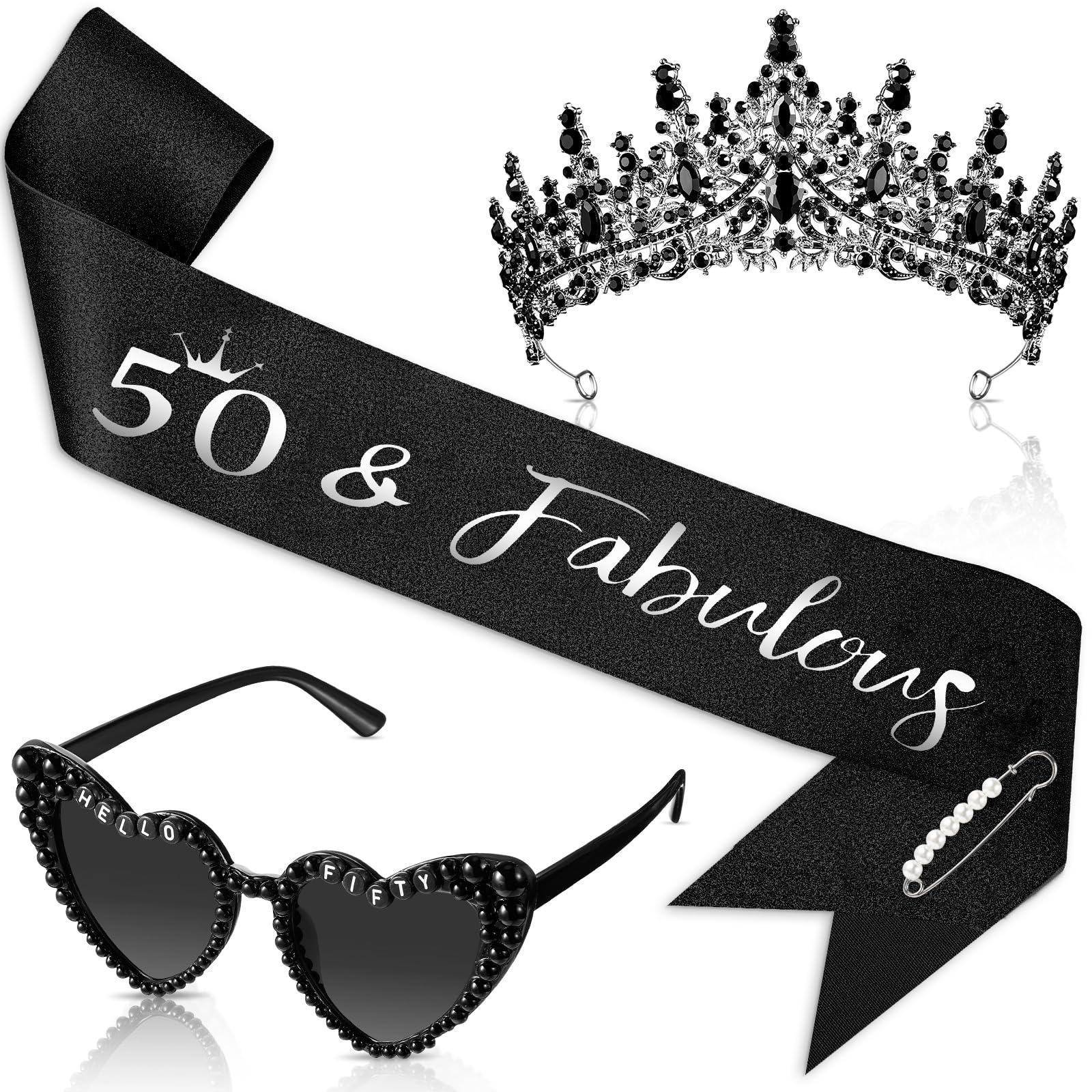 Liliaafar 3 Pcs 50th Birthday Decorations for Women, 50th Birthday Sash and Crown Tiara 50 & Fabulous Hello Fifty Sunglasses(Black)