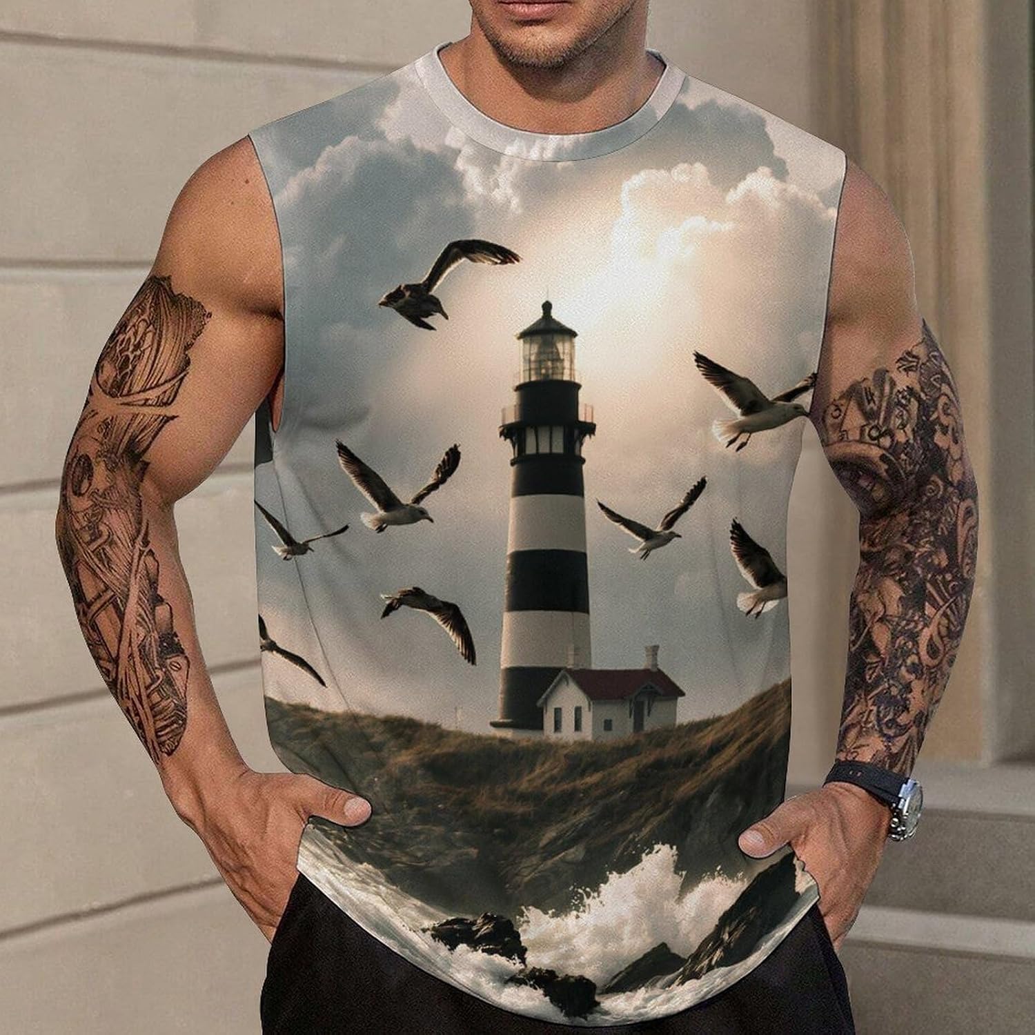Lighthouse Seagulls Rocky Bluff Men's Sleeveless Shirt Small