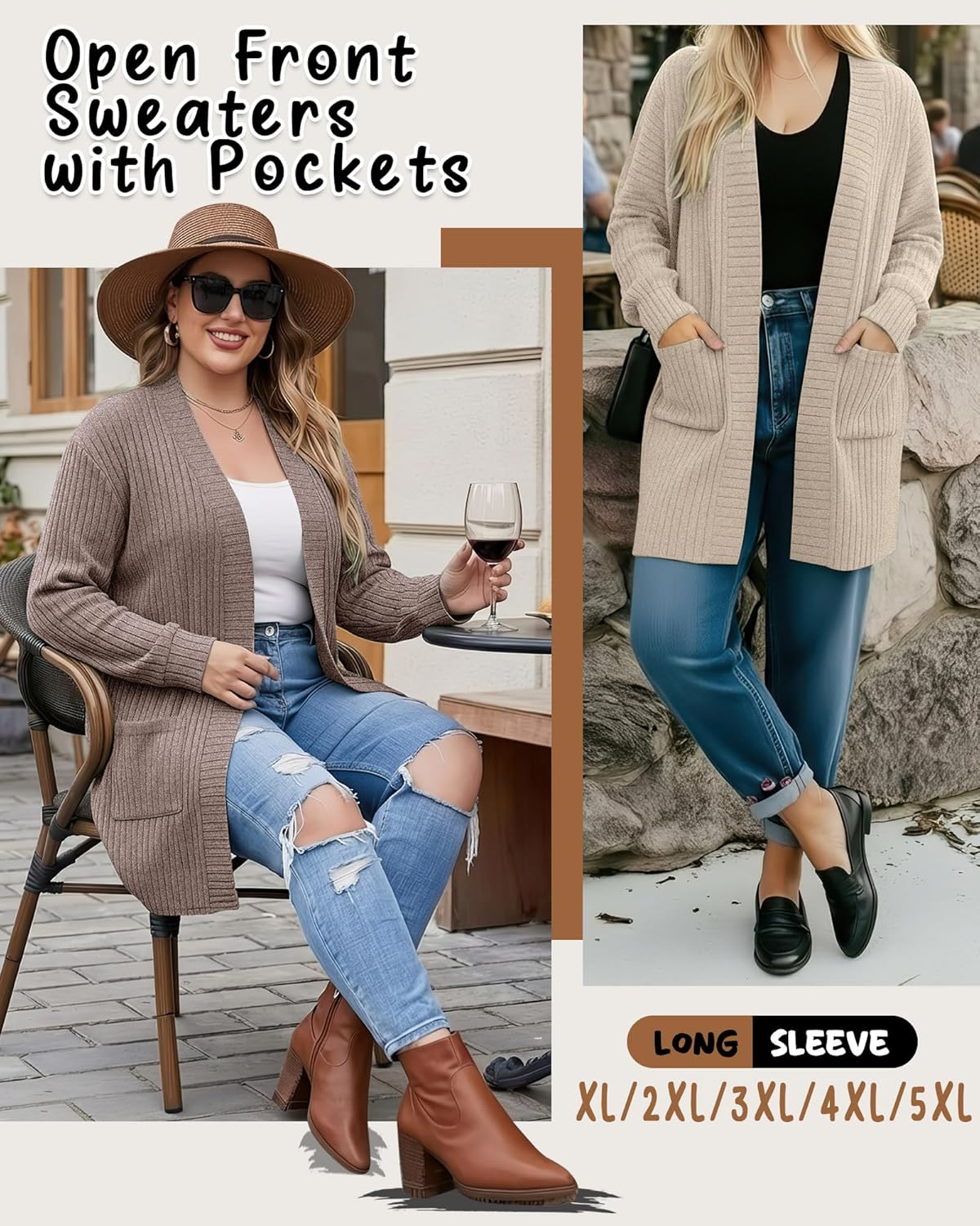 Huukeay 2 Pack Women's Plus Size Cardigans, Long Sleeves Knit Outerwear Coats Open Front Casual Spring Sweaters with Pockets - Image 4