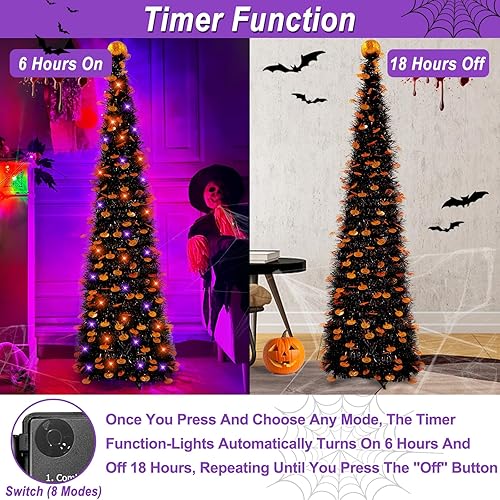 Miniatura 4 de TURNMEON 5Ft Black Tinsel Halloween Tree with 50LED Orange Purple Lights Timer 8 Modes Pumpkin Ornament Pop Up Artificial Pencil Tree Halloween