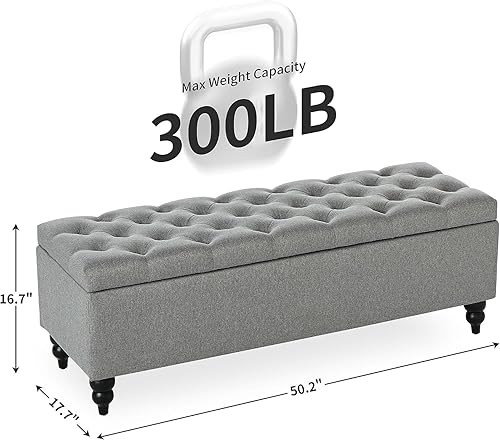 Miniatura 2 de Banco otomano de almacenamiento de 50.2 pulgadas, banco otomano tapizado al extremo de la cama con almacenamiento y asiento, banco grande para manta