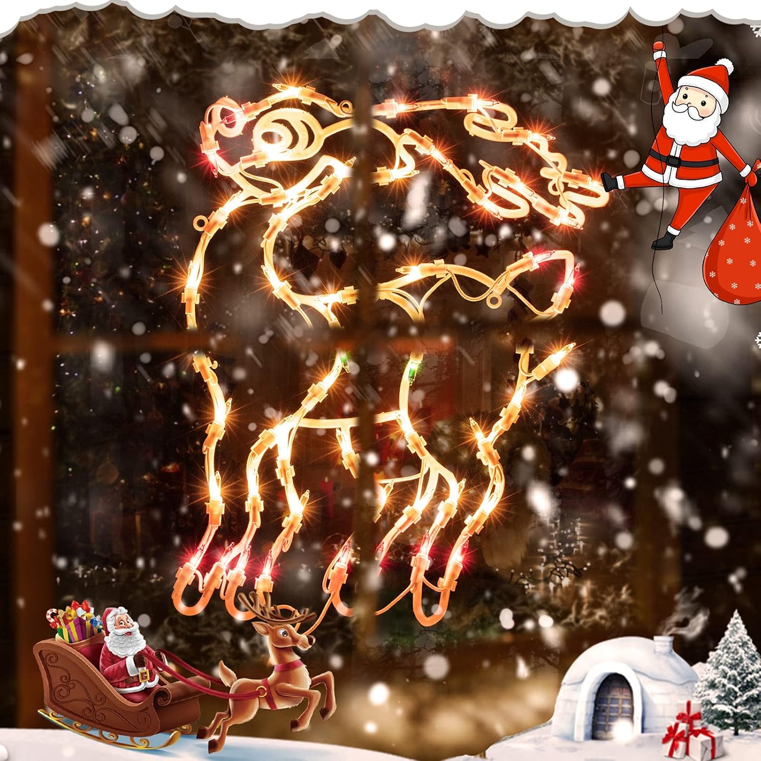 Minetom Christmas Window Hanging Lights Decorations 2 Pack Lighted Bells and Reindeer Christmas Window Lights with 100 Bulbs for Holiday Indoor Wall Door Glass Decorations
