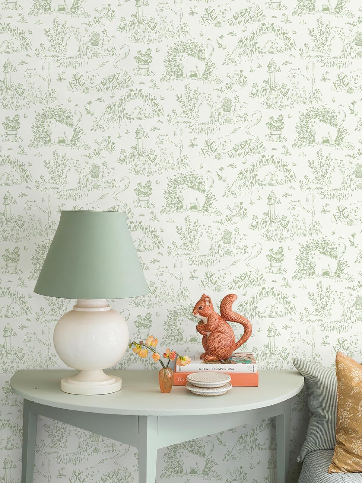 Folia winylowa, zielone koty, skrzynki pocztowe i botaniczna, samoprzylepna tapeta 44 x 1000 cm, styl boho, tapeta ze wzorem w stylu boho, do pokoju dziecięcego, sypialni, szafy, dekoracja