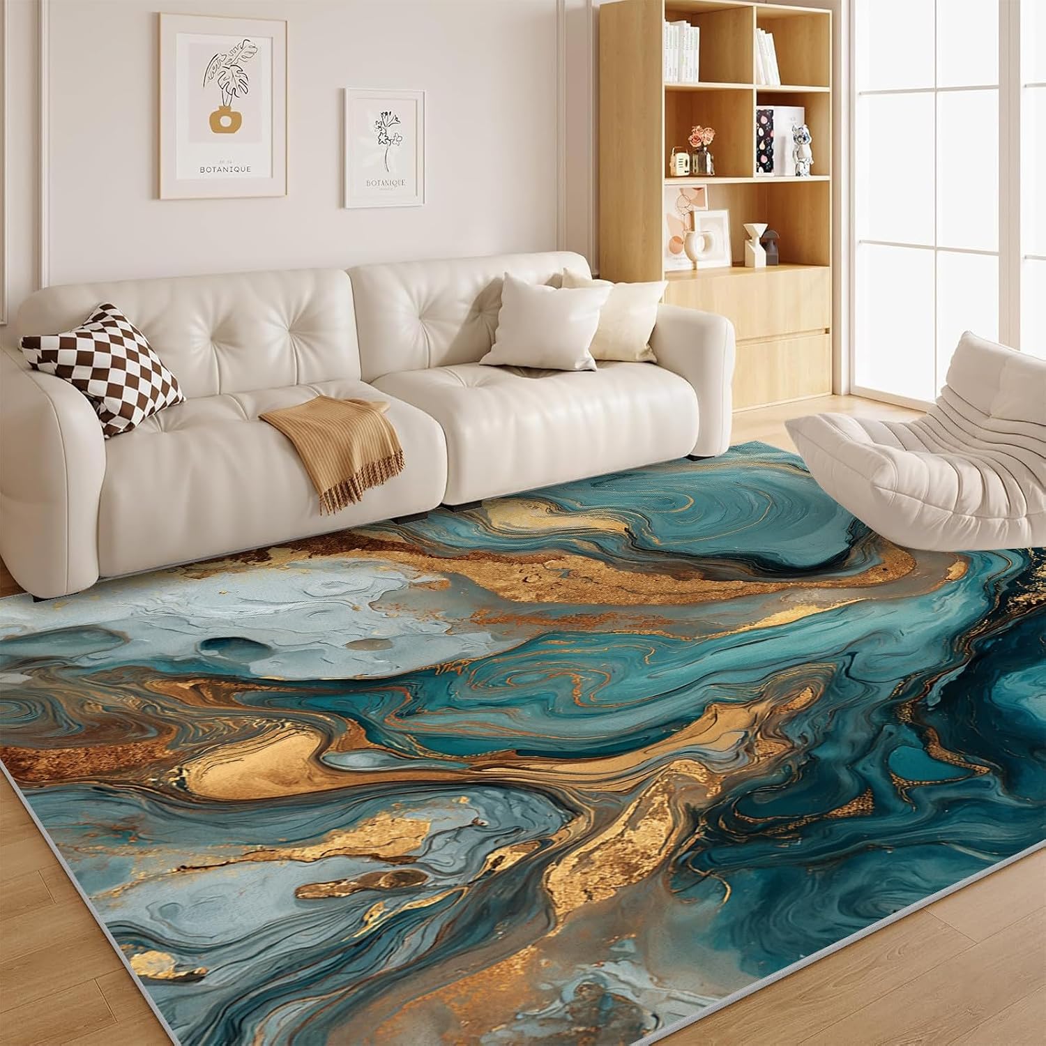 Blue Gold Marble Rug - Neutral Modern 3x5 Rugs for Bedroom Living Room Low Pile Indoor Washable Aesthetic Abstract Door Mat Non-Slip Floor Carpet Wavy Swirl Abstract Room Decor for Boys Girls V120