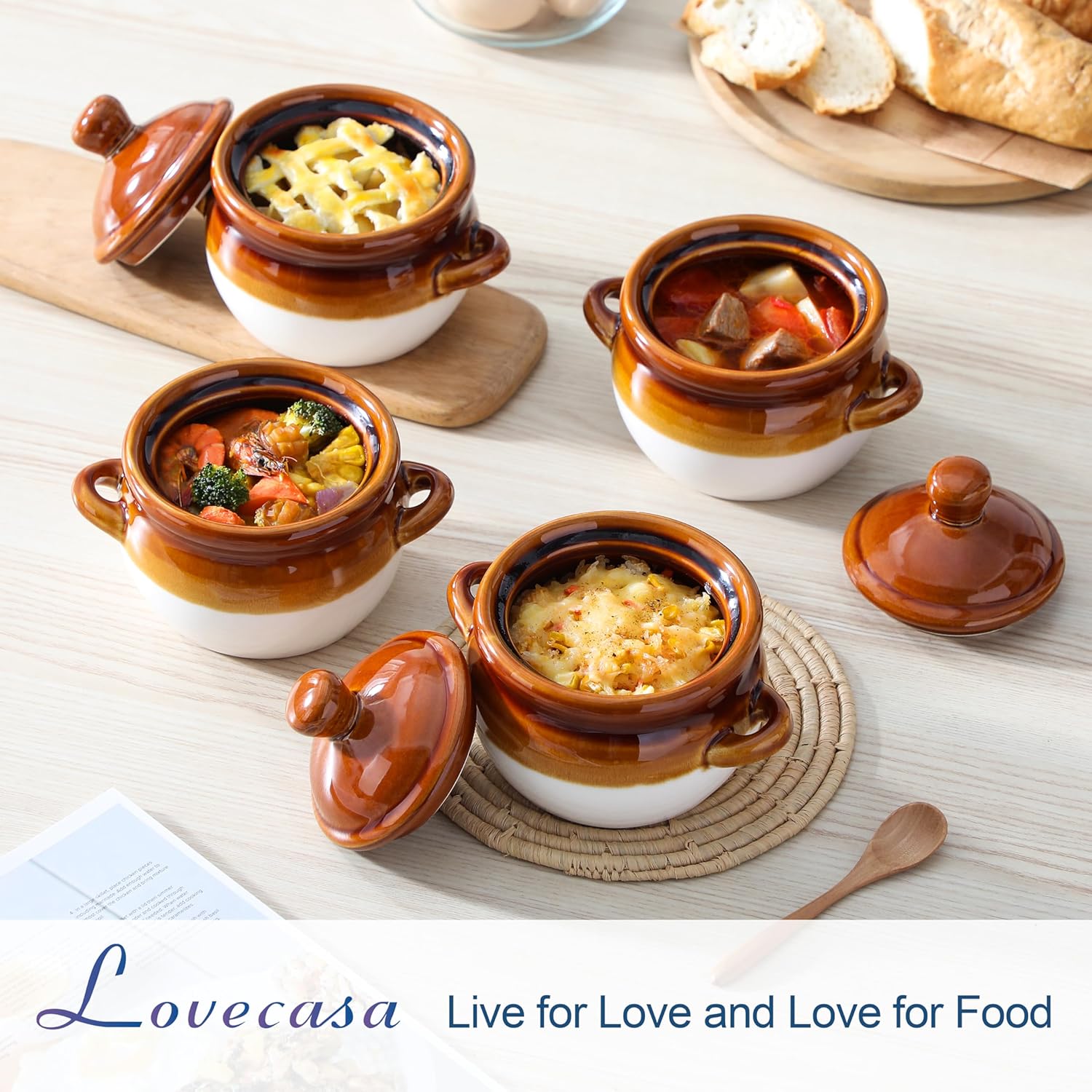 LOVECASA Shallow Creme Brulee Ramekins Bundle 26 OZ French Onion Soup Bowls with Lid
