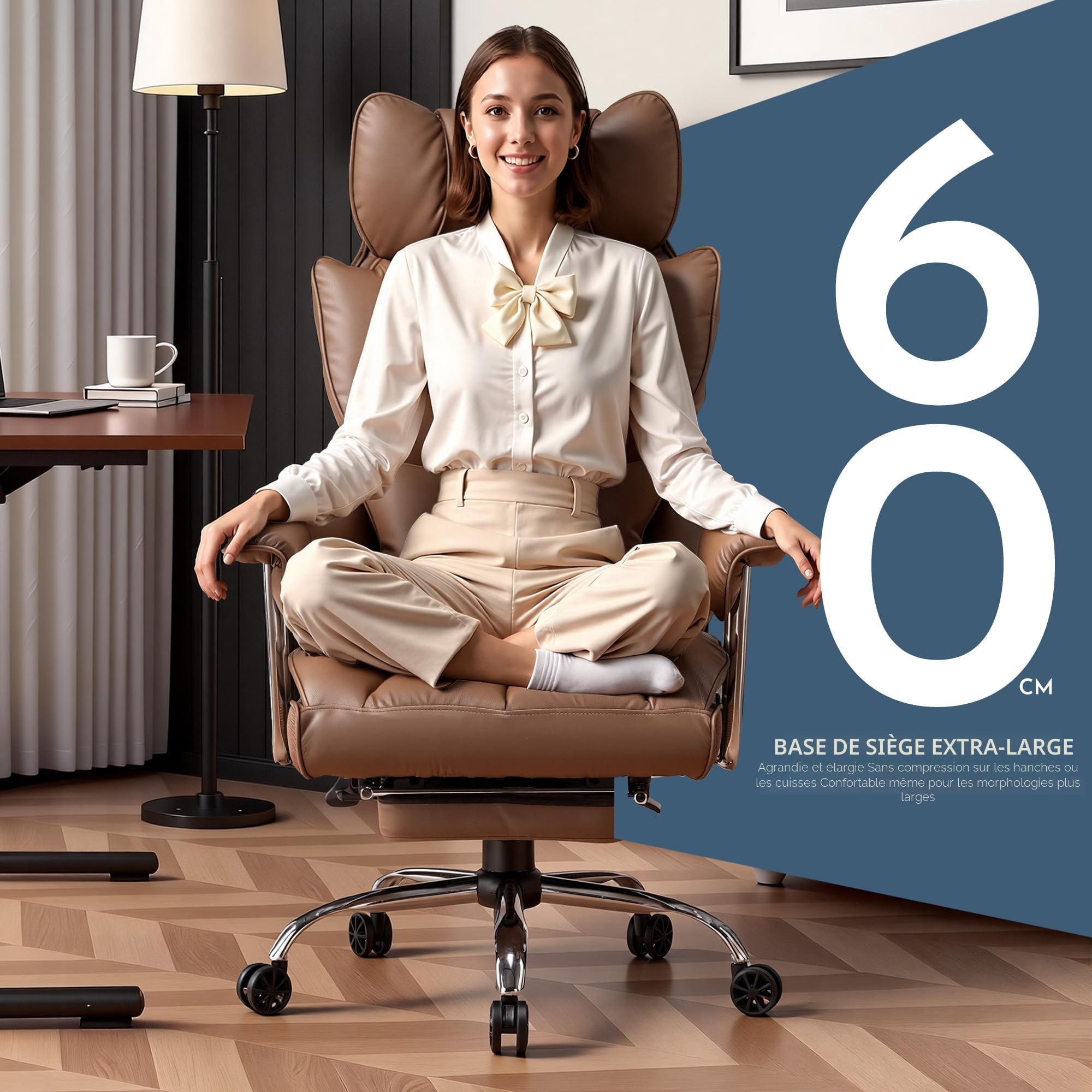 Efomao Fauteuil de Bureau Ergonomique Grande Taille, Chaise de Direction en Cuir PU avec Dossier Haut Réglable, Repose-Pieds et Soutien Lombaire, Fauteuil Pivotant pour Bureau
