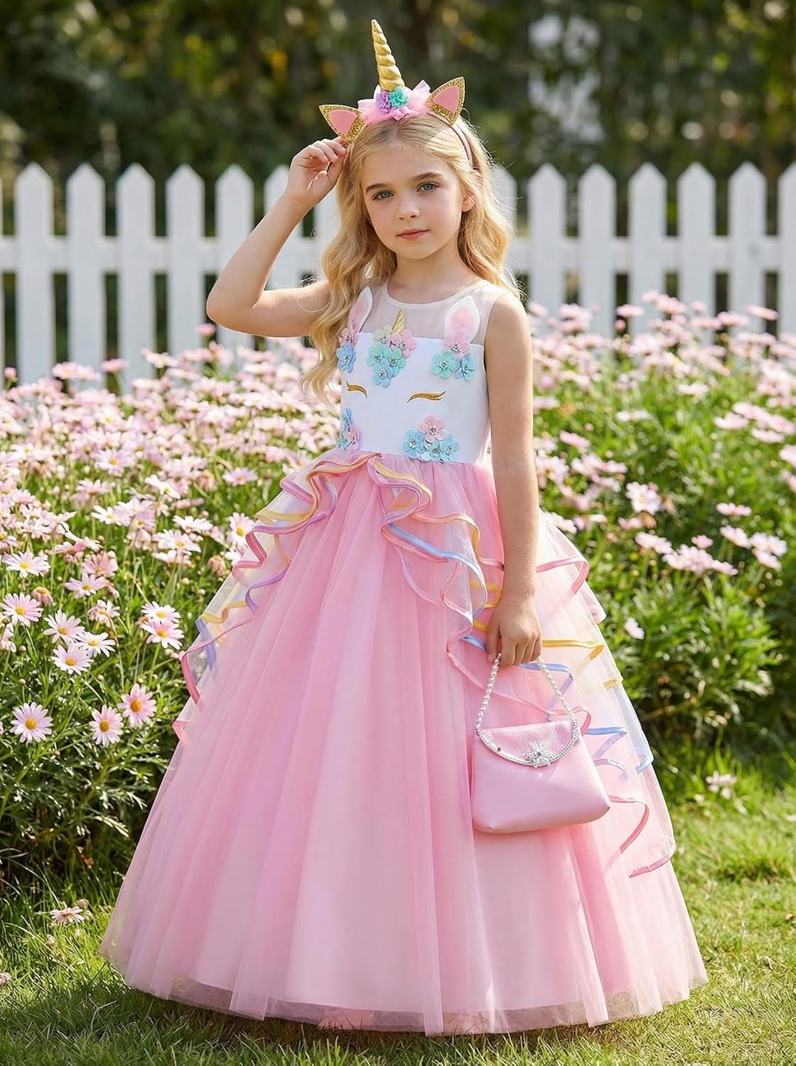 Unicorn Dress for Girls Unicorn Costume Pageant Princess Dress Party Birthday Christmas Long Gown with Accessories - Image 4