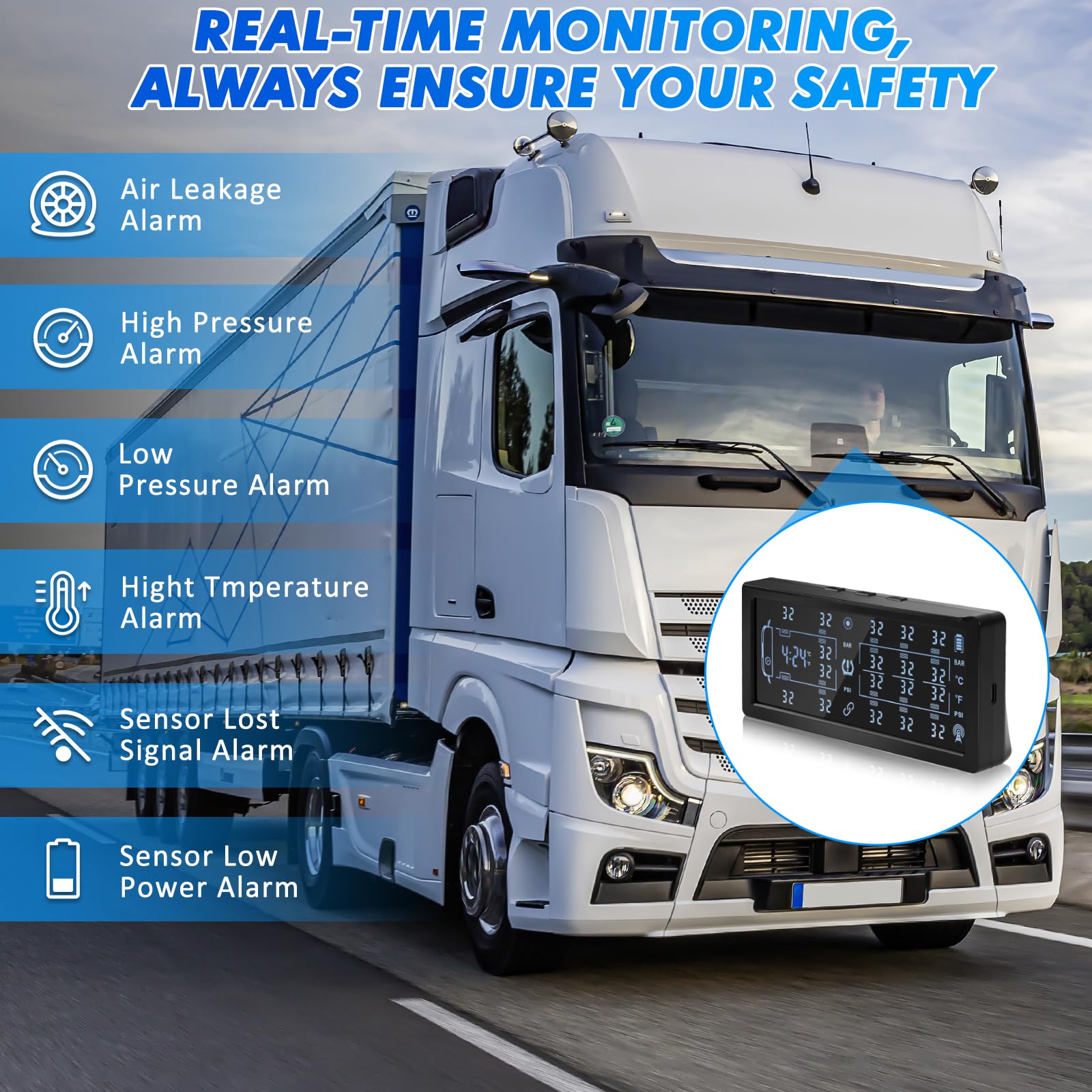 KAOLALI Système de contrôle de la Pression des pneus pour remorques, avec 10 capteurs, 6 Modes d'alarme, écran Couleur 7 Pouces, avec amplificateur de Signal TPMS pour remorques, camions (0-188PSI)