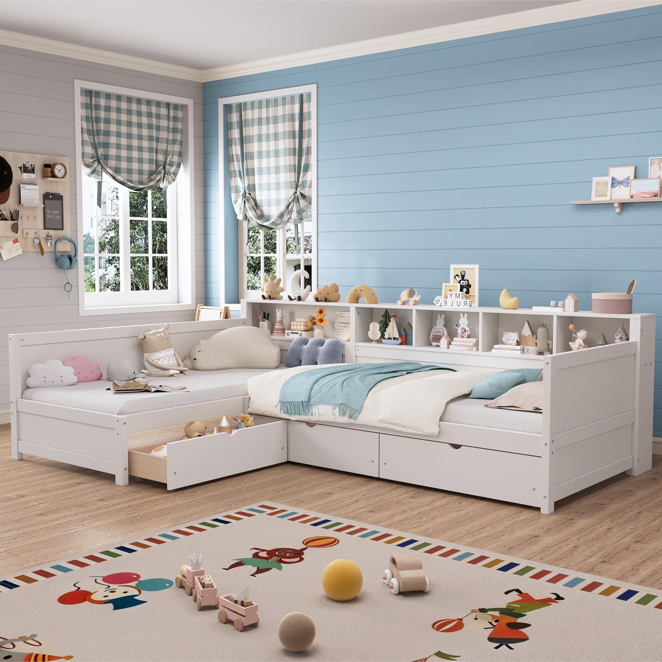 Bellemave L Shaped Corner Bed for 2 Kids, Double Twin Platform BedFrame with 3 Storage Drawers and Shelves, White