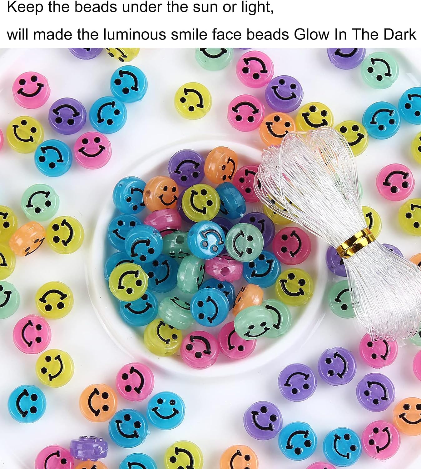 Smile Face Beads, 10mm Happy Face, Acrylic, Cute Spacer Beads, Necklace and Bracelet Making, Kandi Bead Charms, 100pcs (Luminous)
