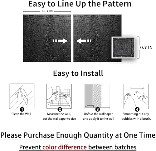 Miniatura 6 de Papel tapiz negro para despegar y pegar, 15.7 x 197 pulgadas, papel tapiz de cocodrilo en relieve, fácil de despegar, autoadhesivo, papel de