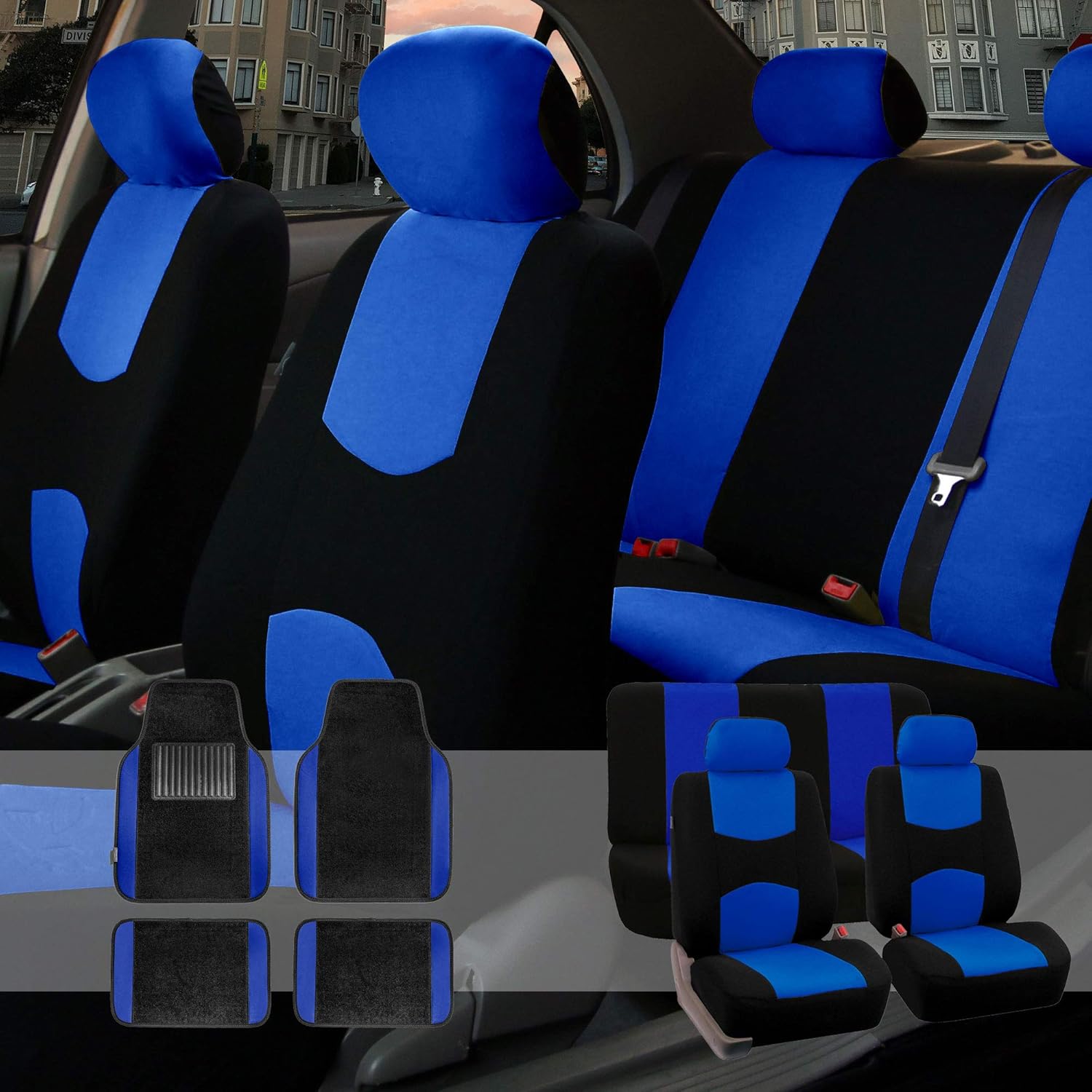 FH Group Car Seat Covers Flat Cloth Full Set – Universal Fit for Cars Trucks & SUVs (Blue) FB050115 + F14407
