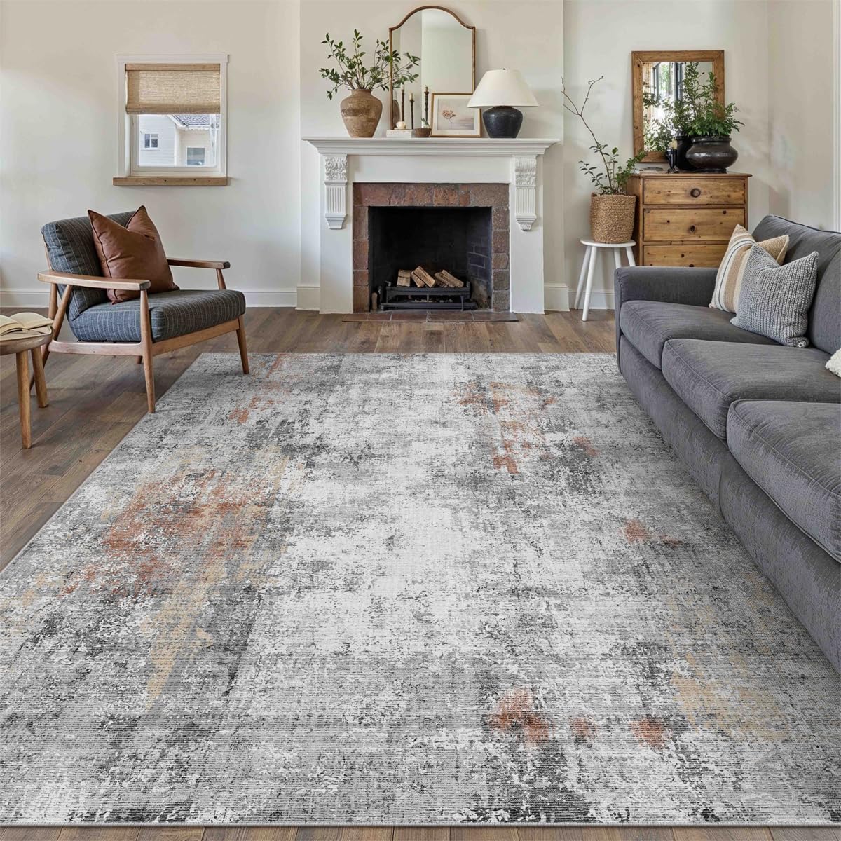 HUGEAR Washable Rugs Living Room Rug 240x300cm Grey Red Non Slip Abstract Natural Neutral Modern Large Carpet Bedroom Kitchen Hall Lounge Bedside Low Pile Carpets — image 1