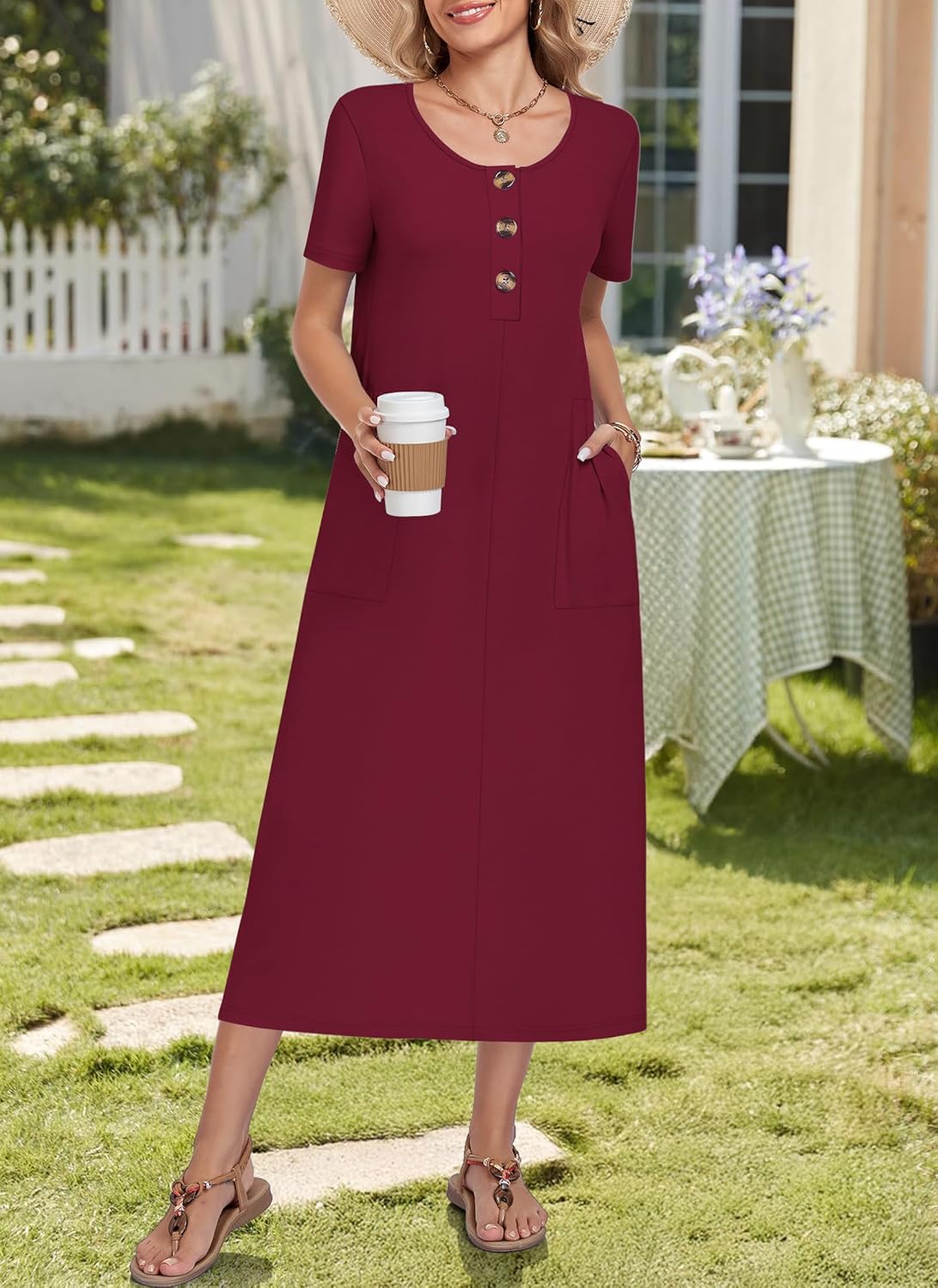 MOLERANI Women's Summer Long Midi Dress 2026 Casual Loose Detachable Button Short Sleeve Beach Vacation Sundress with Pockets - Image 2