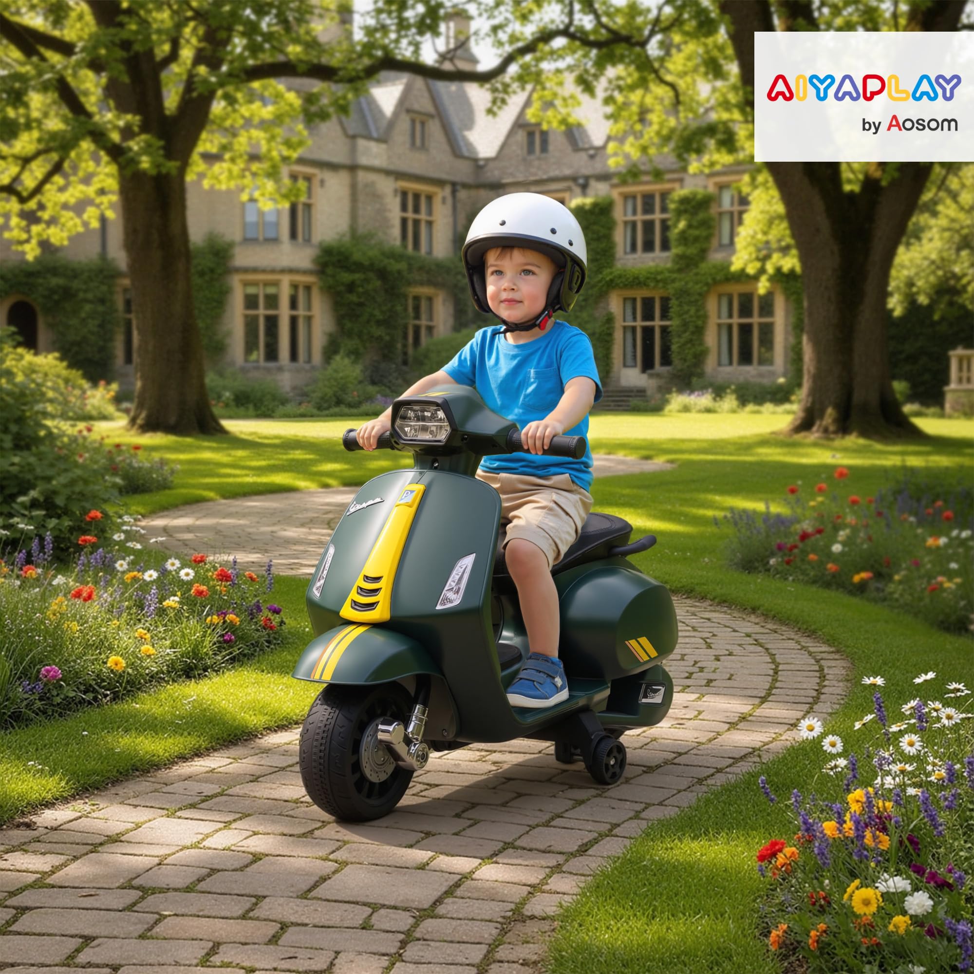 AIYAPLAY Moto Elettrica per Bambini con Licenza Vespa Ufficiale, Motorino per Bambini con Batteria Ricaricabile 6V e Rotelle, Luci e Clacson, Età 2-4 Anni, Verde Scuro