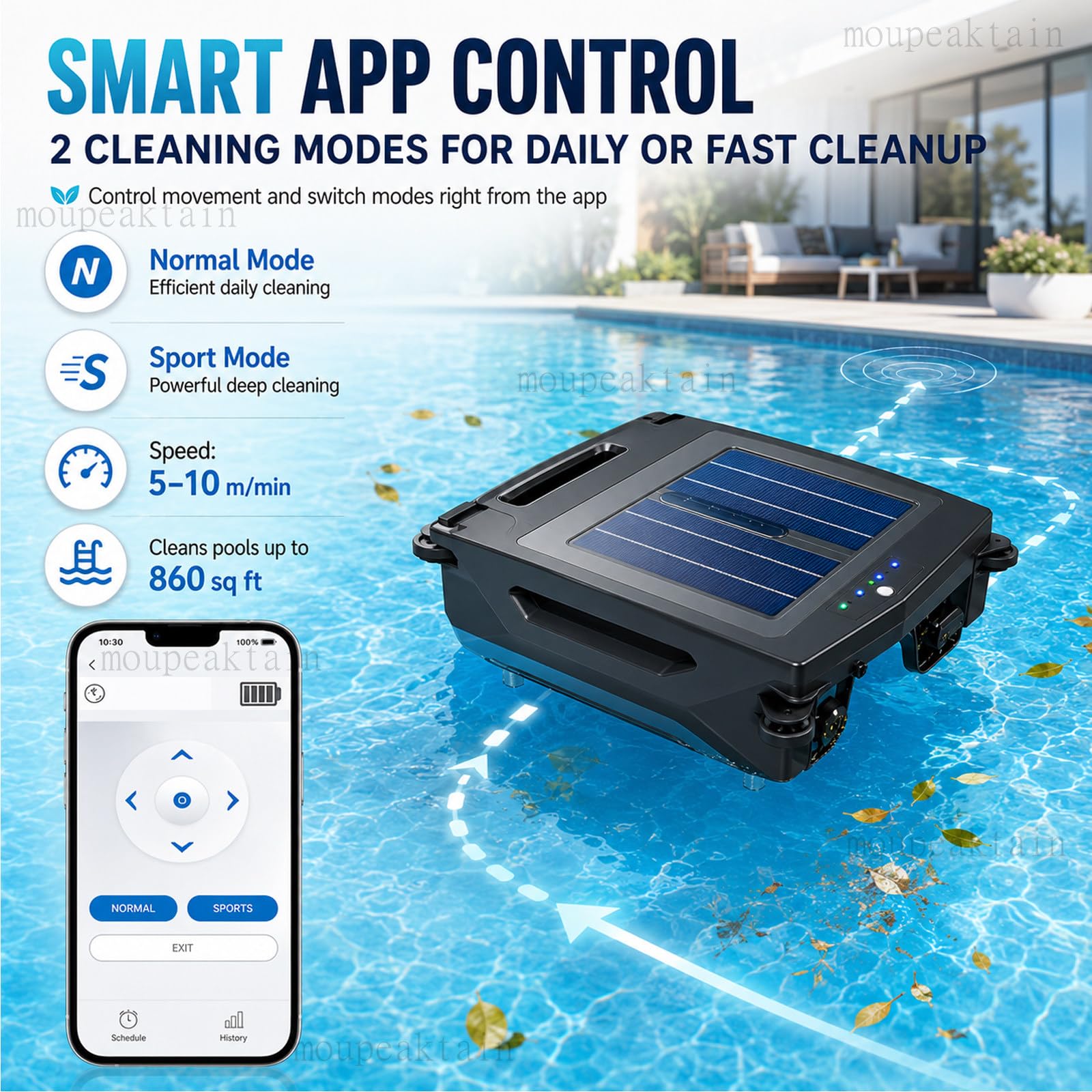 Robot Skimmer Solar para Piscinas, Skimmer Piscina Sin Cable para Hojas E Insectos, Control por App, 2 Modos De Velocidad, Cesta De 4,1L, Detección por Radar, para Piscinas De hasta 80m²