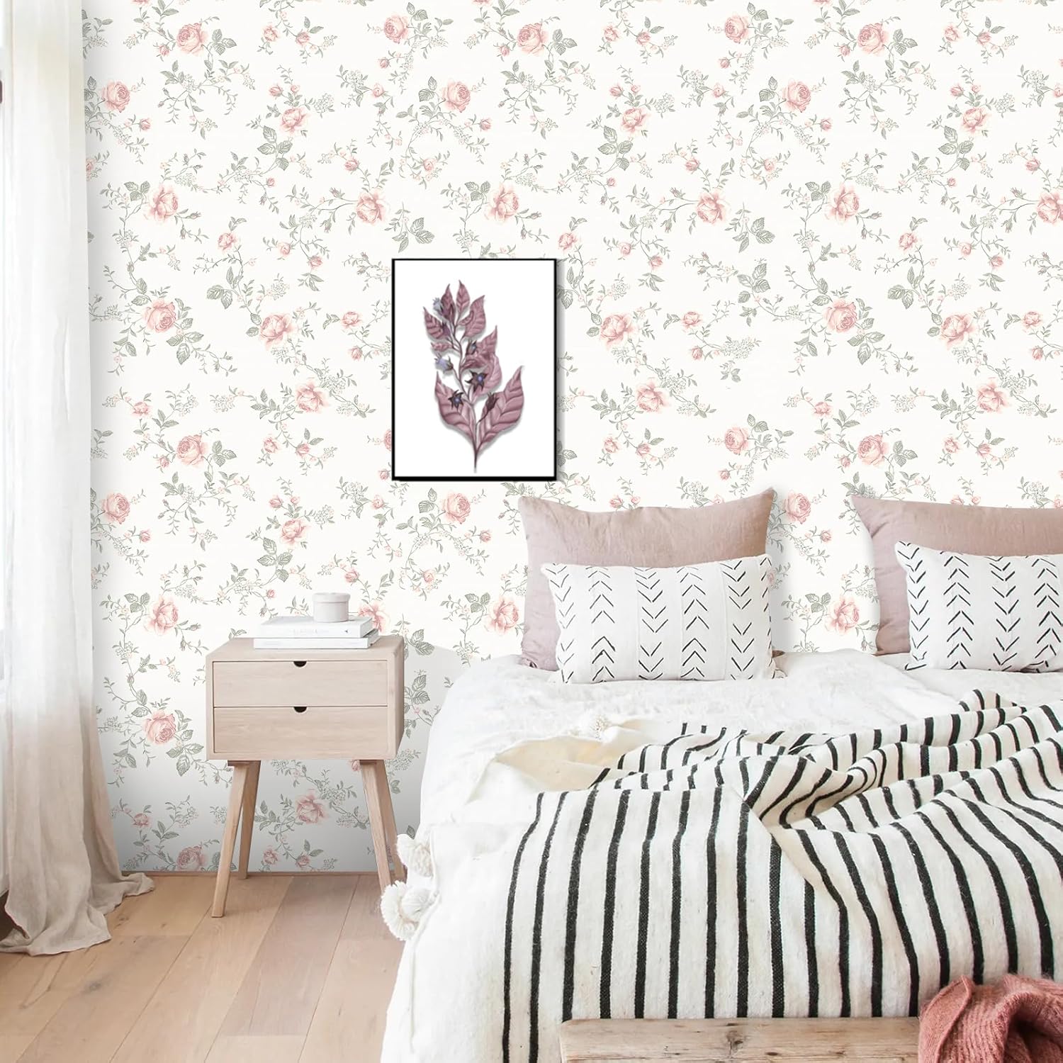 Floral Peel and Stick Wallpaper Boho Flower and Leaf Contact Paper Removable Self Adhesive Waterproof Wall Paper for Decorative Bedroom Bathroom Home Wall Furniture Decal 17.32inW 118.11inL
