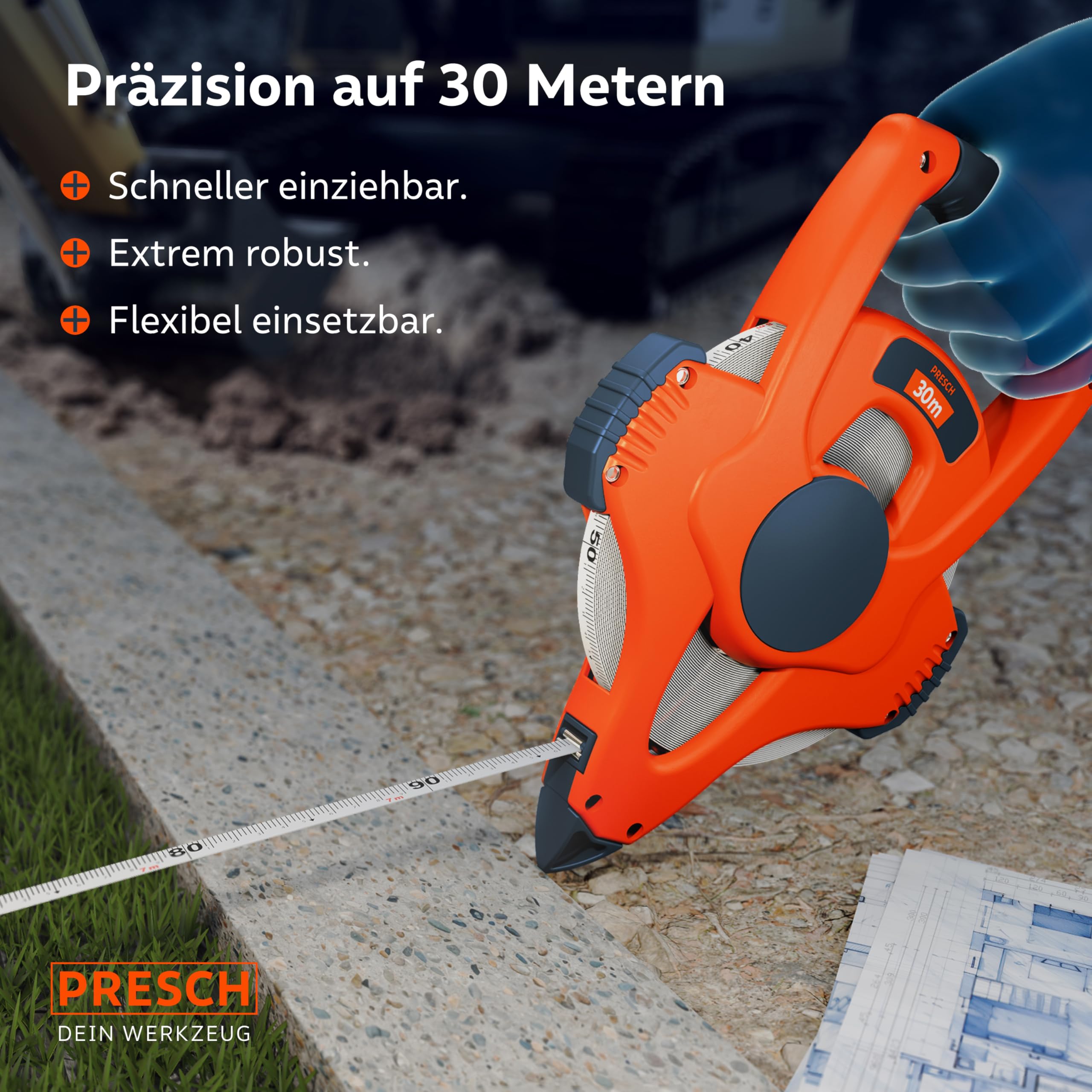Presch Maßband 30m – Robustes Bandmaß mit 3:1 Getriebe für schnellen Rücklauf - Witterungsbeständiges Fiberglas Rollbandmaß - Perfekter Halt dank Kurbelarretierung & Multifunktionshaken