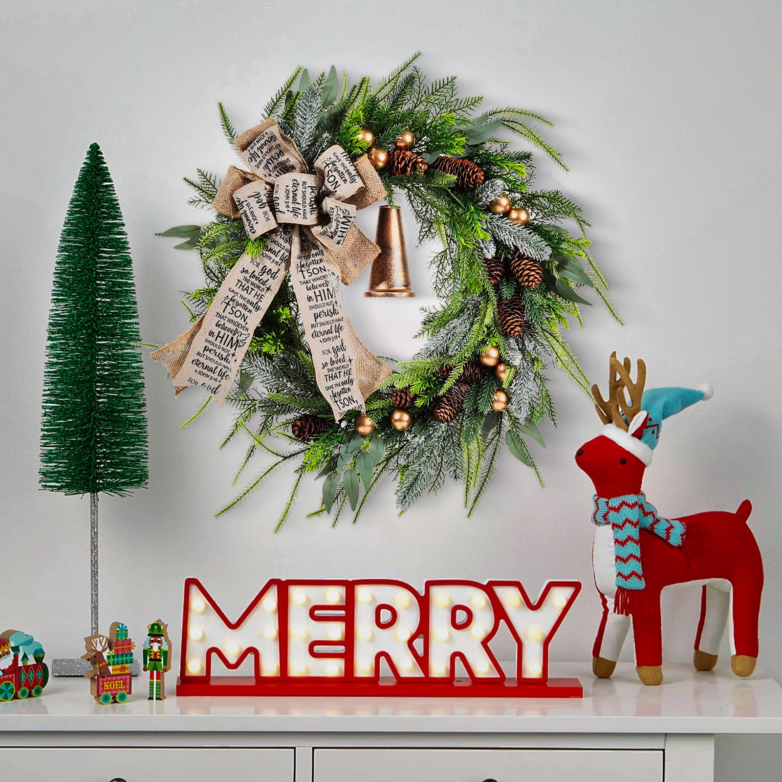 Corona para puerta de Navidad, 45 cm, decoración navideña para puerta de casa con campanas, corona de Navidad artificial, decoración para interior y exterior