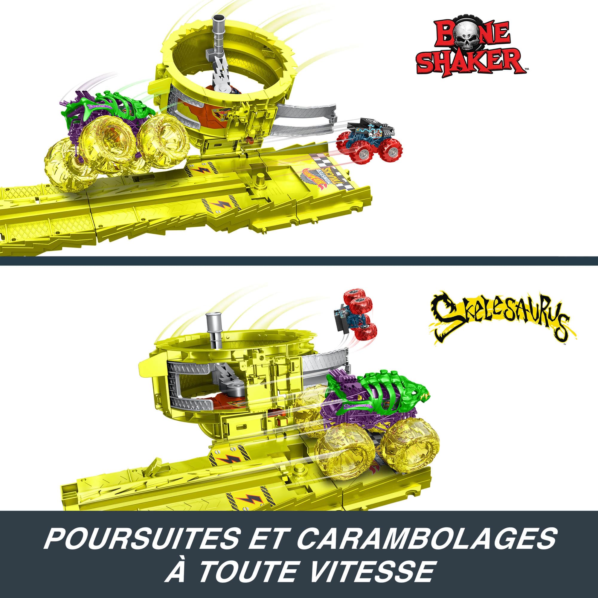 Hot Wheels Monster Trucks Défi Course Électrifiante Coffret Comprenant 2 camions, Un Skelesaurus surdimensionné et Un Bone Shaker à l’échelle 1/64, Course Poursuite avec 2 Voitures broyées, HYT07